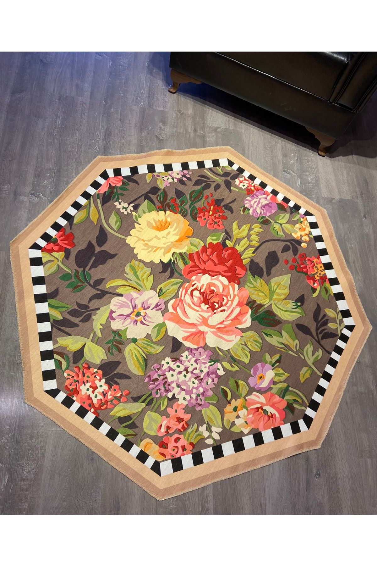 Çiçek Desen Dekoratif Kaymaz Taban Çap Yıkanabilir Halı Mira 805