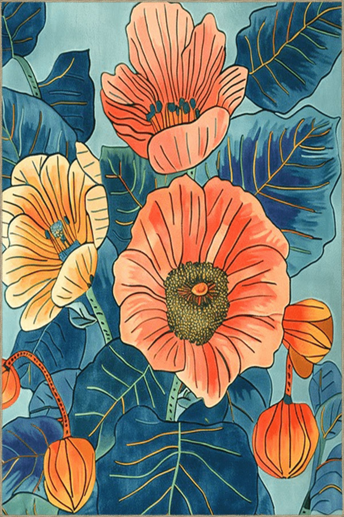 Paris Koleksiyonu Mavi Temalı Floral Çiçek Desenli Kreatif Modern Dekoratif Halı 134