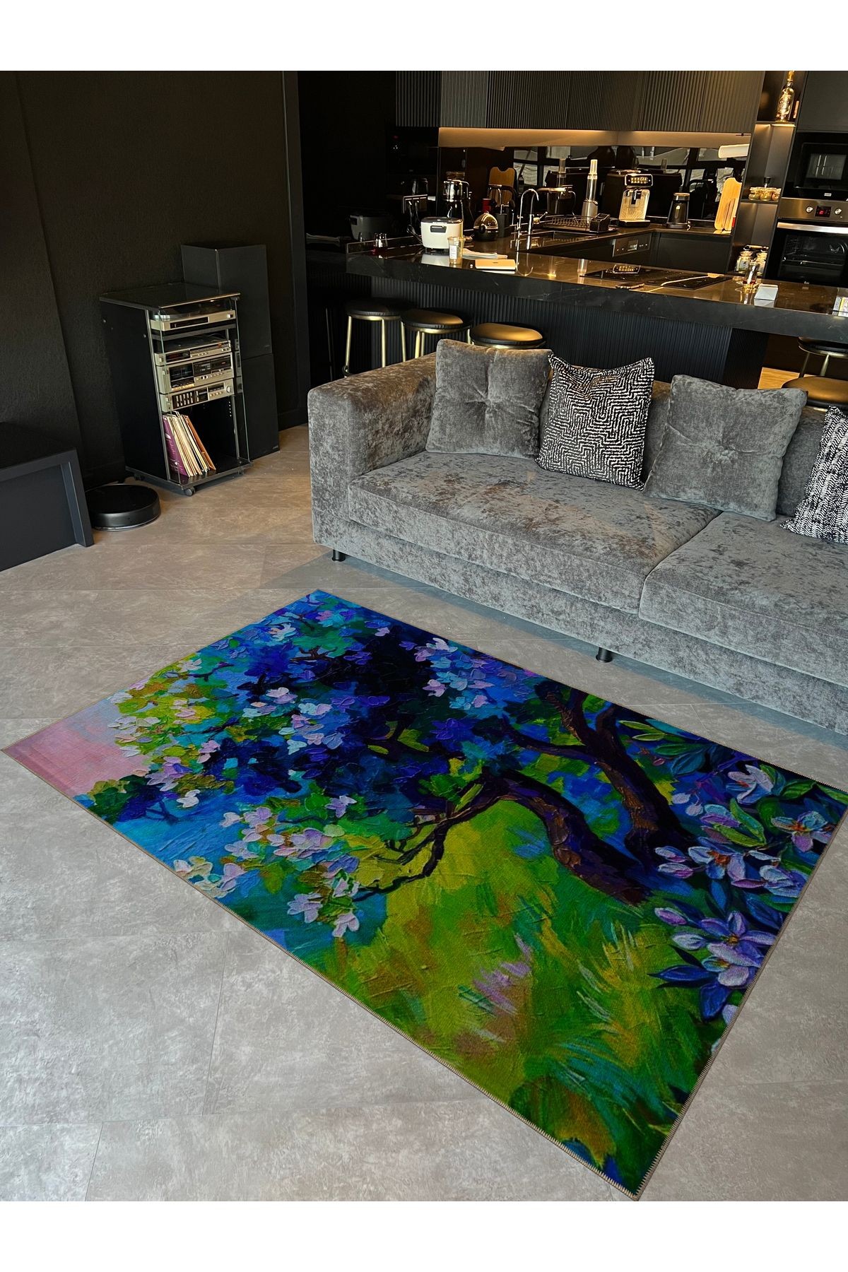 Soyut Tasarım Pastel Renkler Ağaç ve Çiçek Desenli Modern Dekoratif Halı 5381