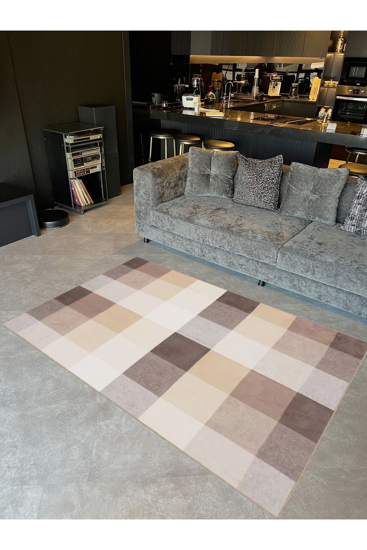Ametist Serisi Bej Tonlu Piksel Patchwork Desenli Dokuma Taban Modern Dekoratif Halı ametist33