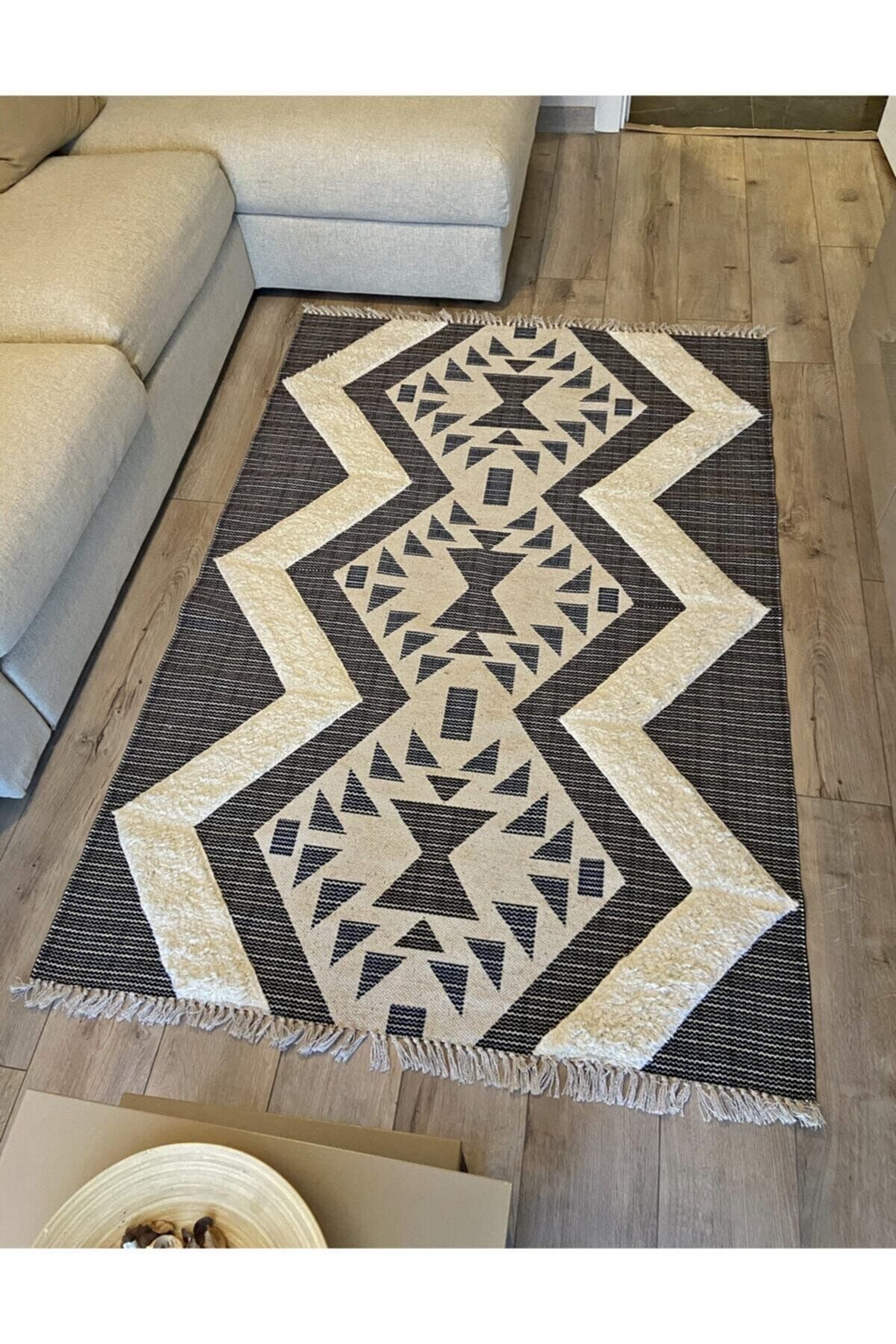 Rustik 4015 Gri Lacivert Çizgili Bohem Kilim
