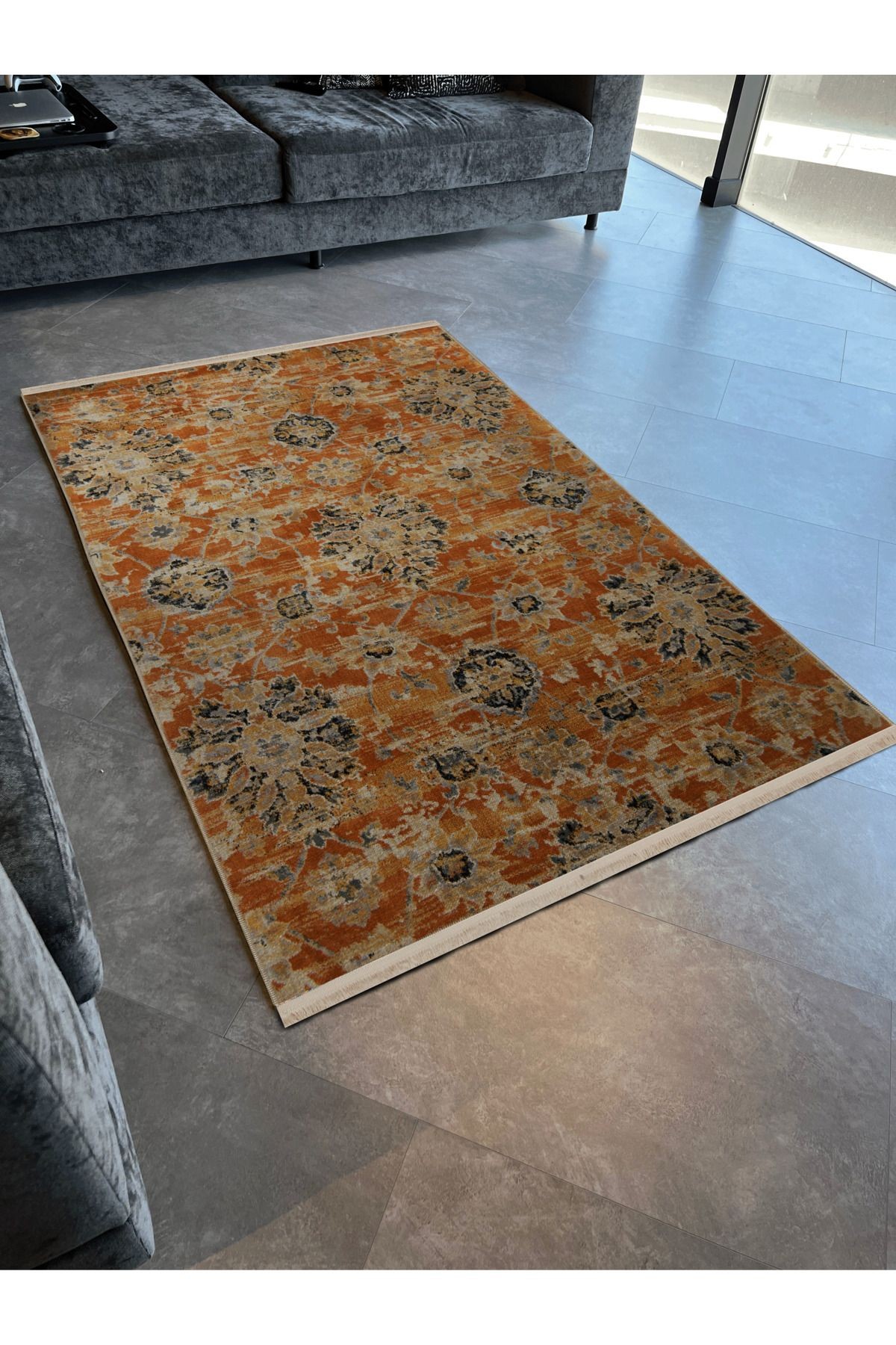 Turuncu Temalı Motifli Etnik Çiçek Desenli Kreatif Vintage Dekoratif Halı 2834