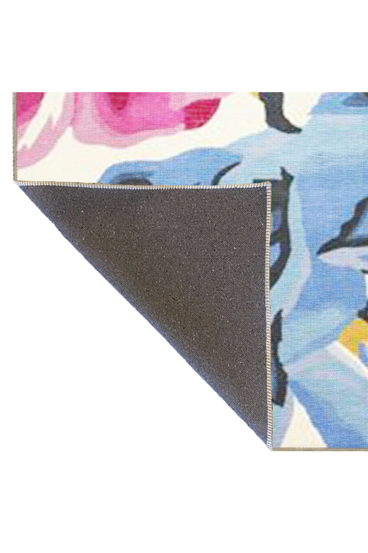 Pembe Mavi Temalı Floral Çiçek Desenli Modern Dekoratif Halı 3508