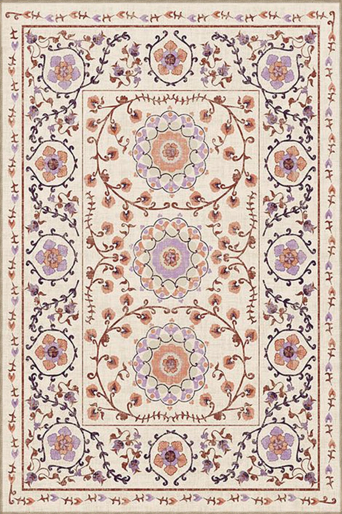 Krem Çiçekli Geometrik Modern Dokuma Taban Halı miravip8106