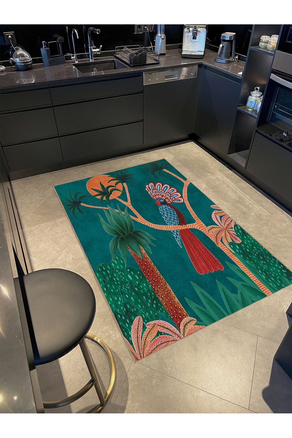 Kubilay Koleksiyonu Palmiye Ağaçları ve Papağan Desenli Dokuma Taban Modern Dekoratif Halı 47