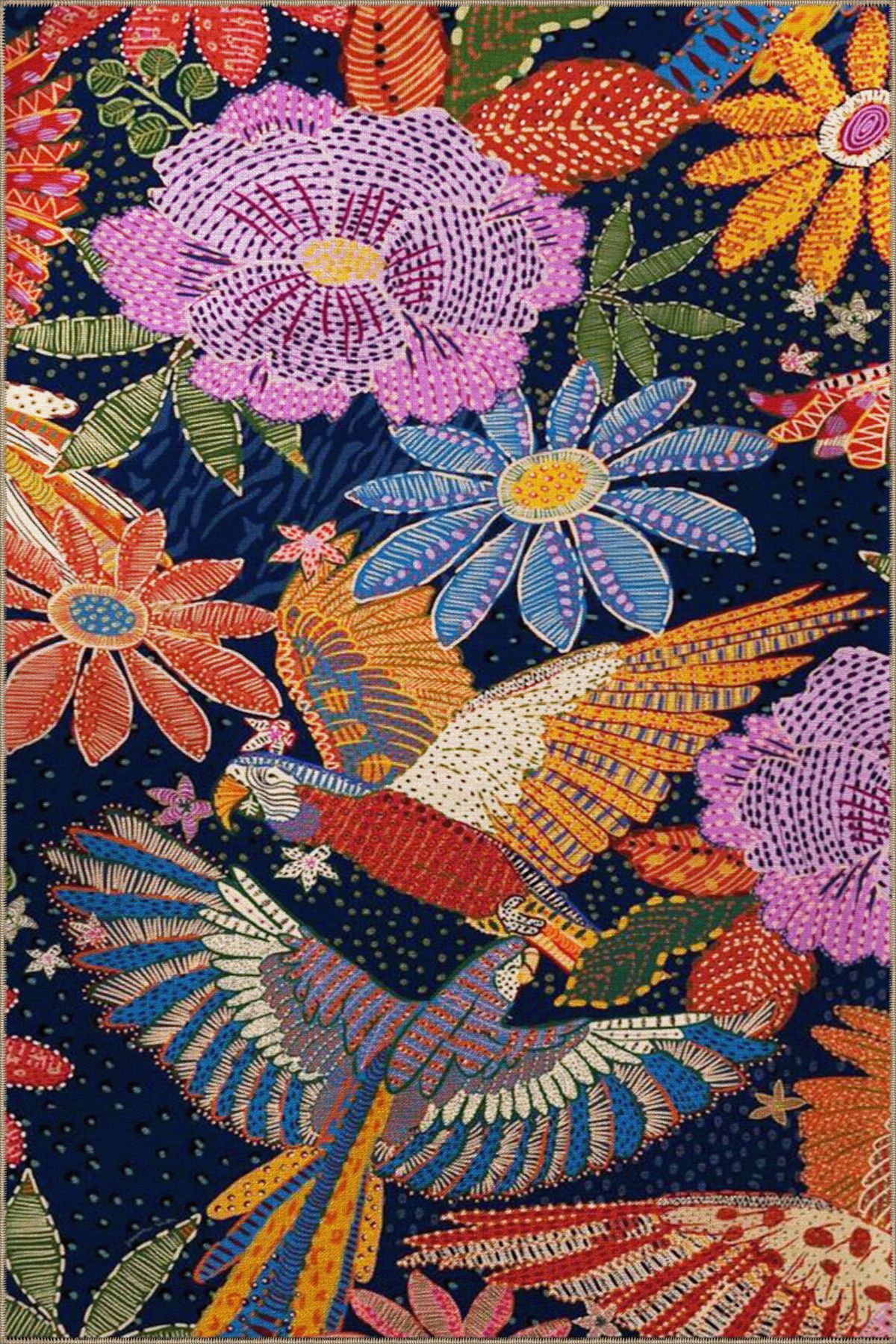 Lacivert Temalı Çok Renkli Floral Çiçek Desenli Kreatif Modern Dekoratif Halı 3648