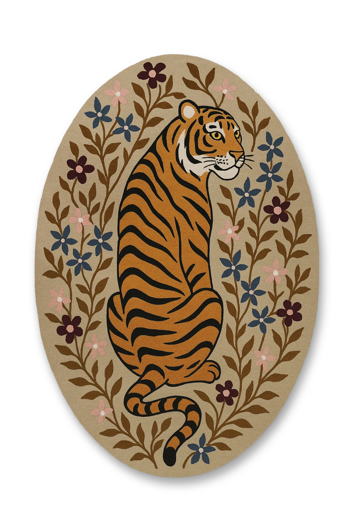 MOSSO Bej Temalı Leopar ve Çiçekli Desenli Dokuma Taban Modern Dekoratif Halı mosso352