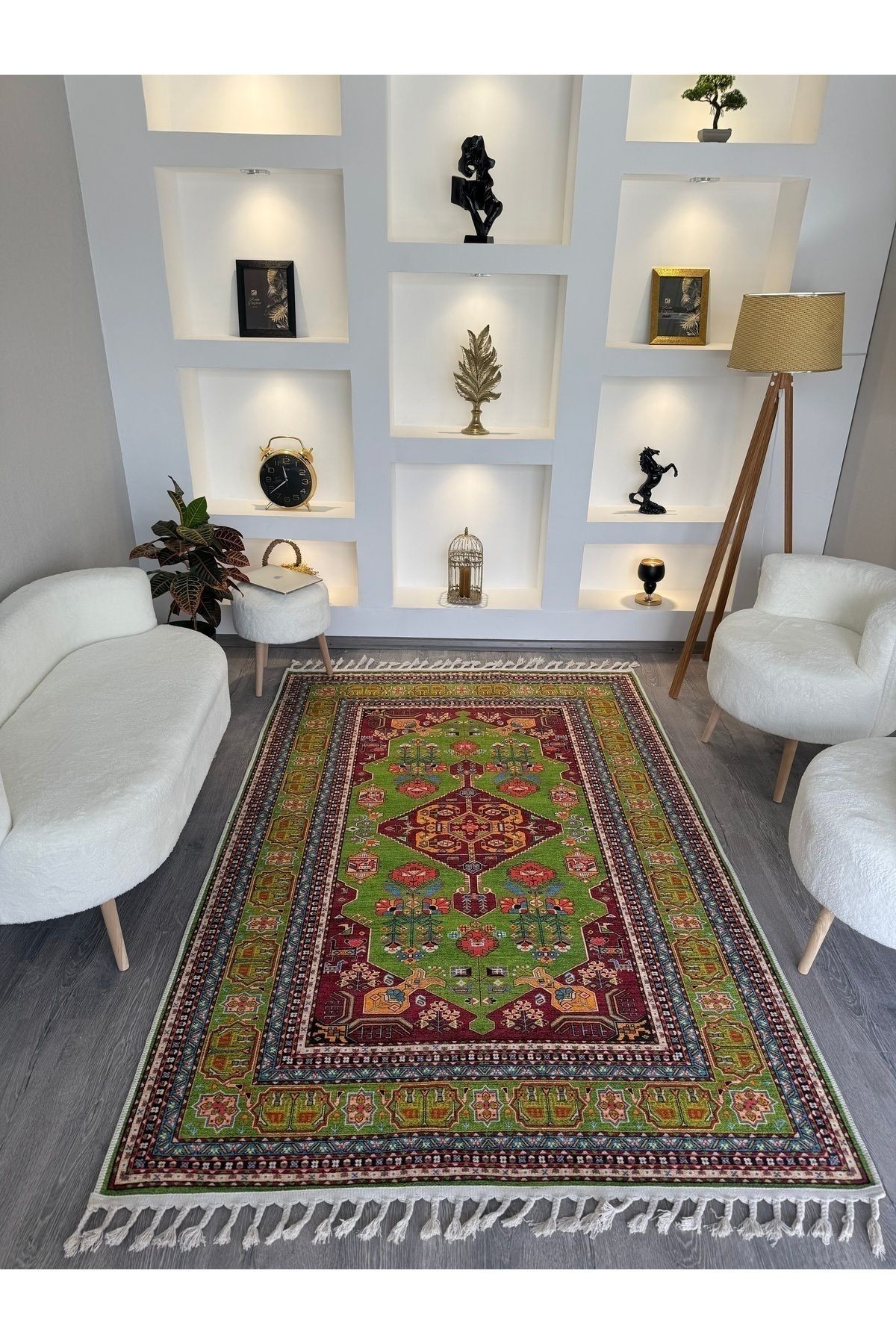 Opal Yeşil Antik Desenli Püskül Detaylı Dokuma Taban Modern Dekoratif Halı opal04