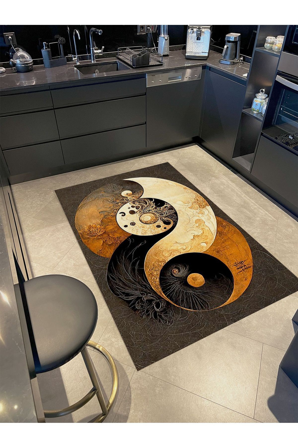 Kubilay Koleksiyonu Gri Tonlar Soyut Ying Yang Tema Desenli Dokuma Taban Modern Dekoratif Halı 22