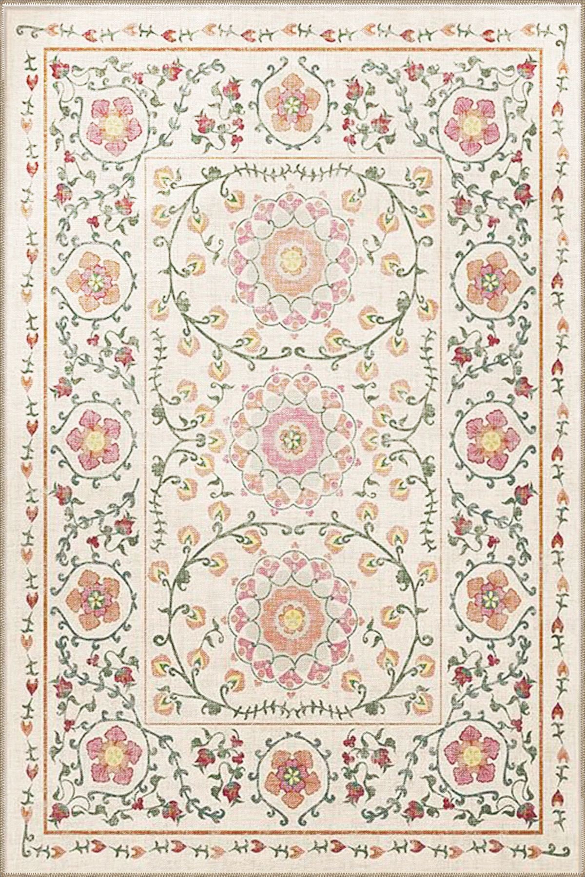 Bej Pembe Temalı Motifli Etnik Çiçek Desenli Saçaklı Vintage Dekoratif Halı 3278