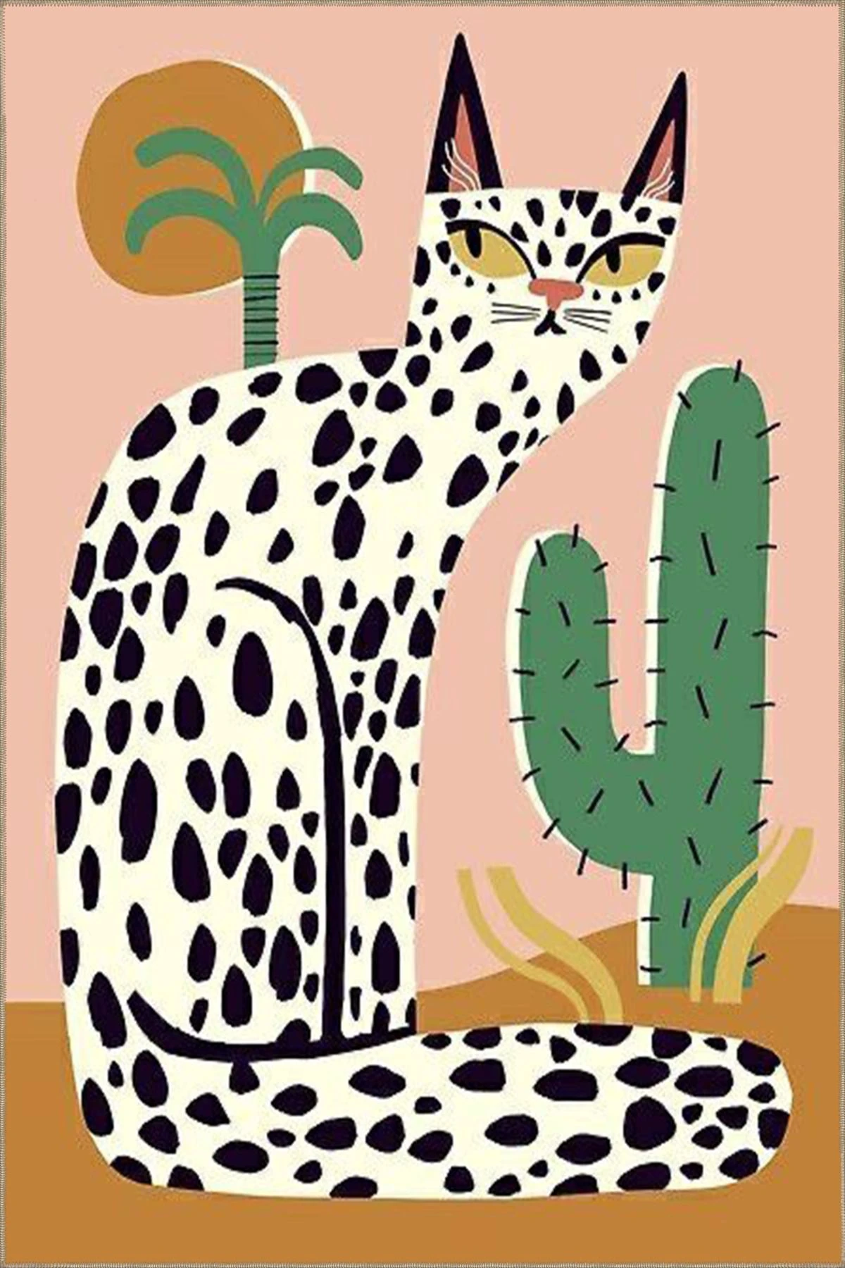 Pembe Renk Temalı Kaktüs ve Kedi Desenli Halı 3714