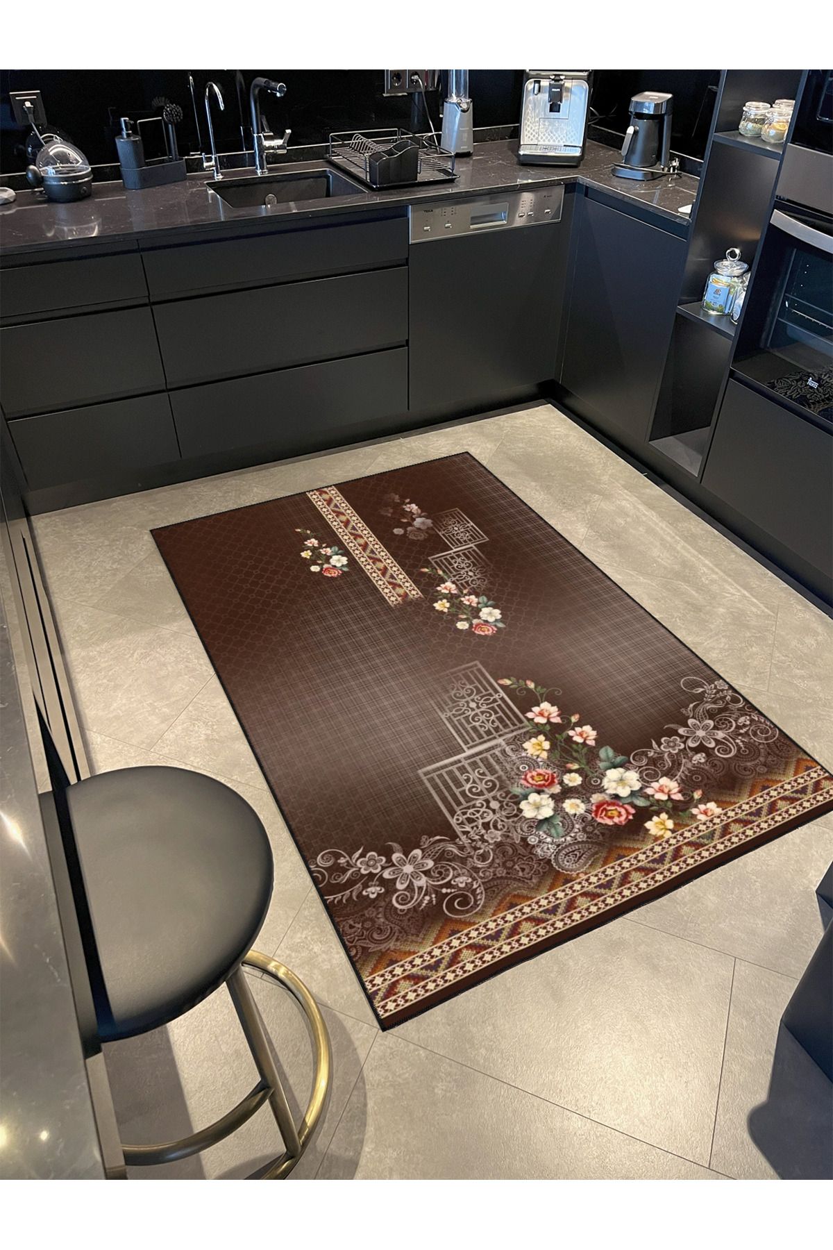 Modern Kahverenginde Etnik Desenli Dokuma Taban ve Dekoratif Yıkanabilir Halı miravip8611