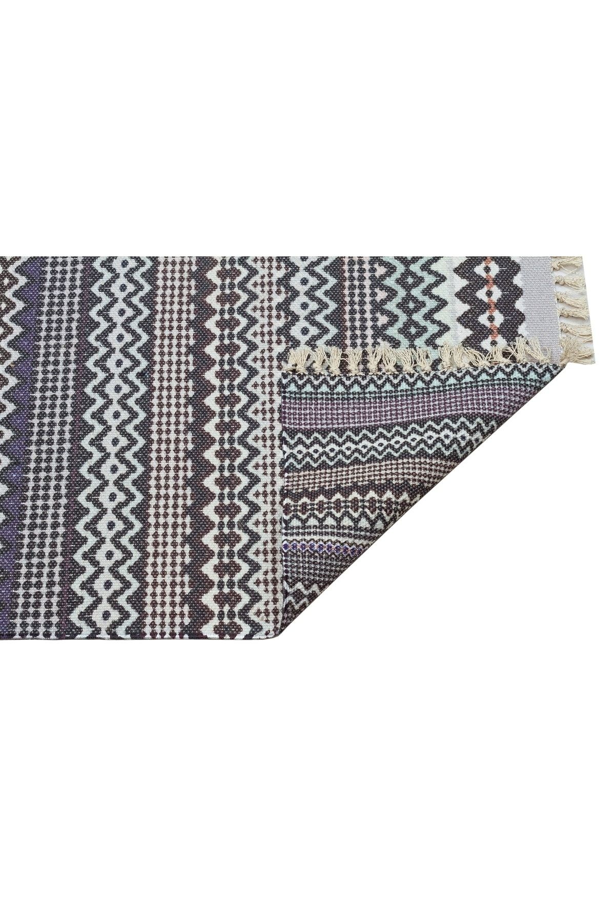 Cotton 3209 Alr Siyah Beyaz Etnik Saçaklı Kilim