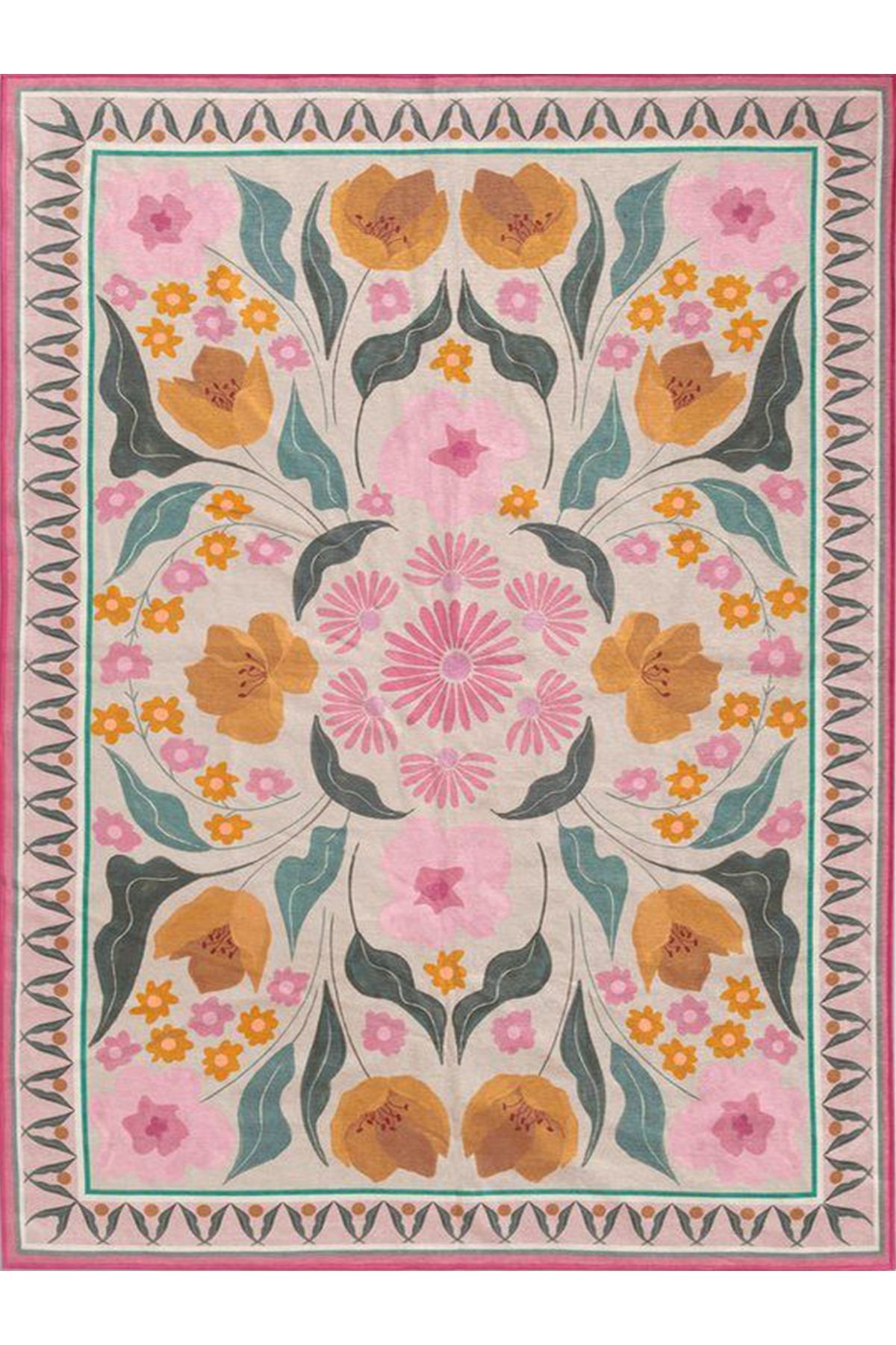 Aynur Koleksiyonu Pastel Tonlarda Pembe Çiçekler Detaylı Dokuma Taban Modern Dekoratif Halı aynur36