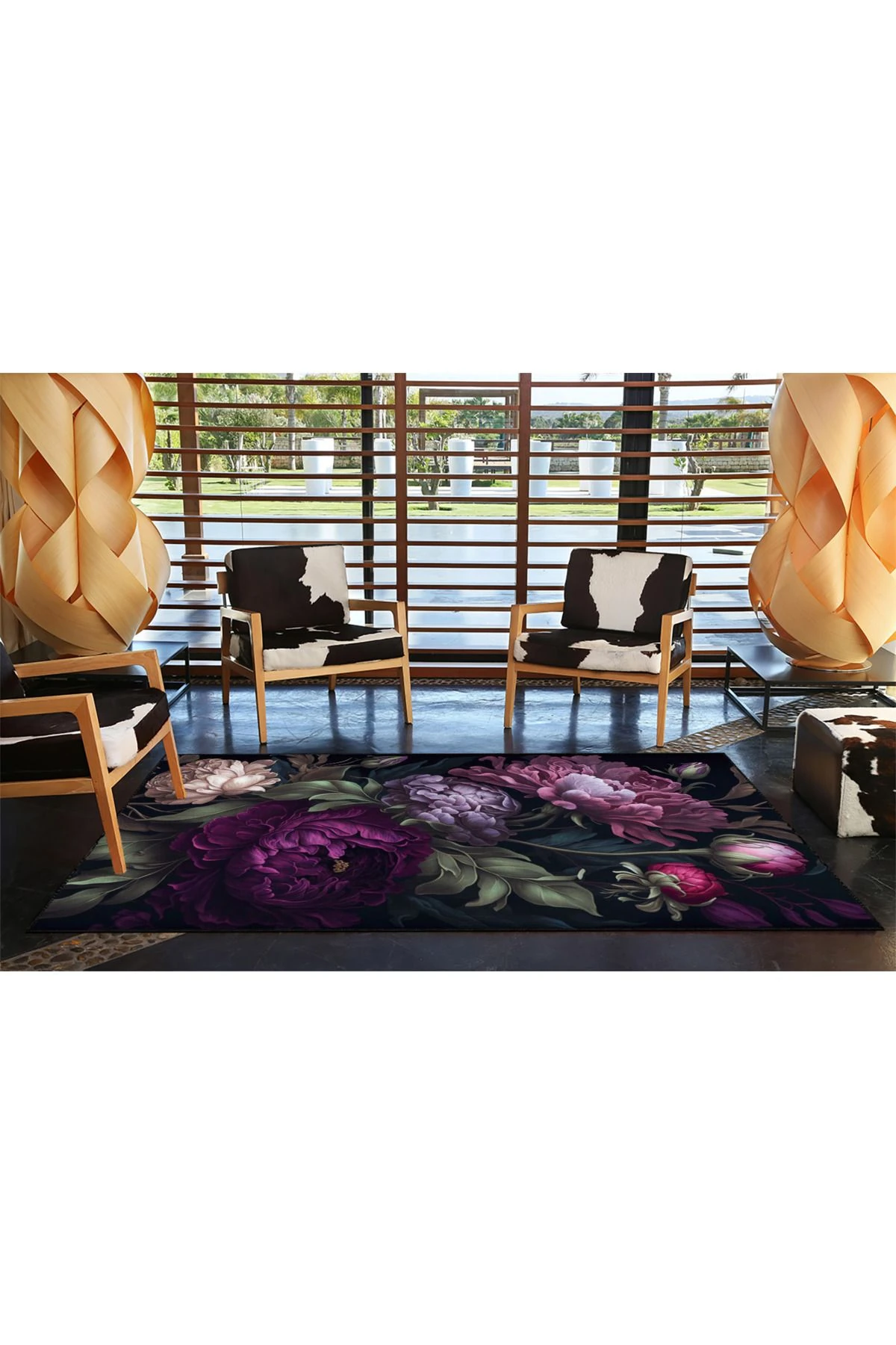 Mor Çiçekli Floral Desenli Dekoratif Yıkanabilir Halı miravip8681