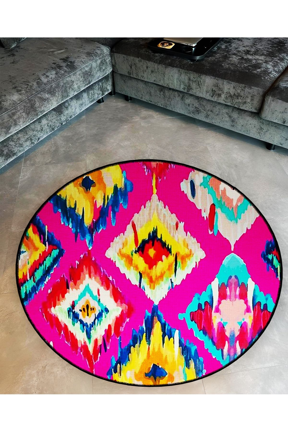 Mira Yuvarlak Pembe Çok Renkli Şekiller Dokuma Taban Modern Dekoratif Halı 5650