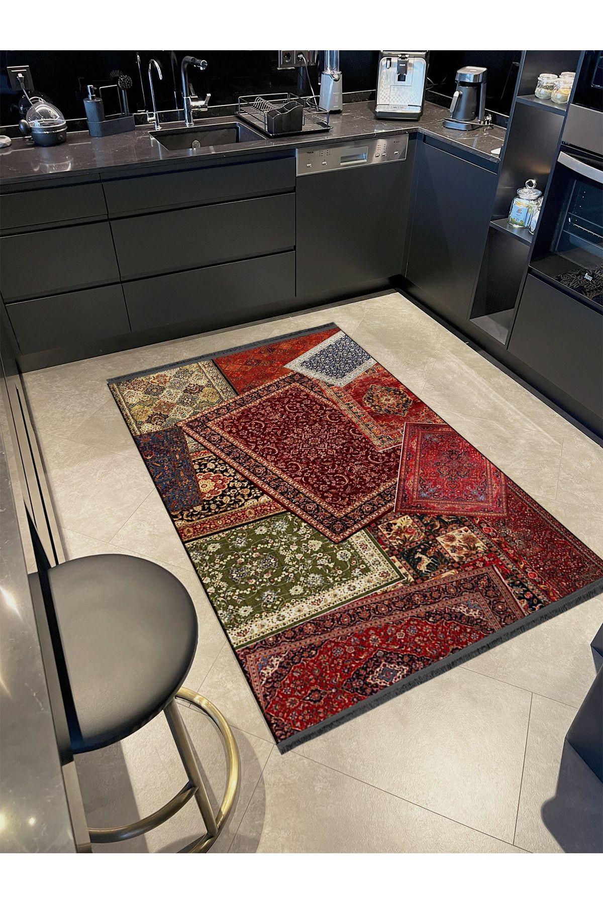 Kuvars Koleksiyonu Çok Renkli Vintage Motifler Desenli Dokuma Taban Etnik Dekoratif Halı kuvars19