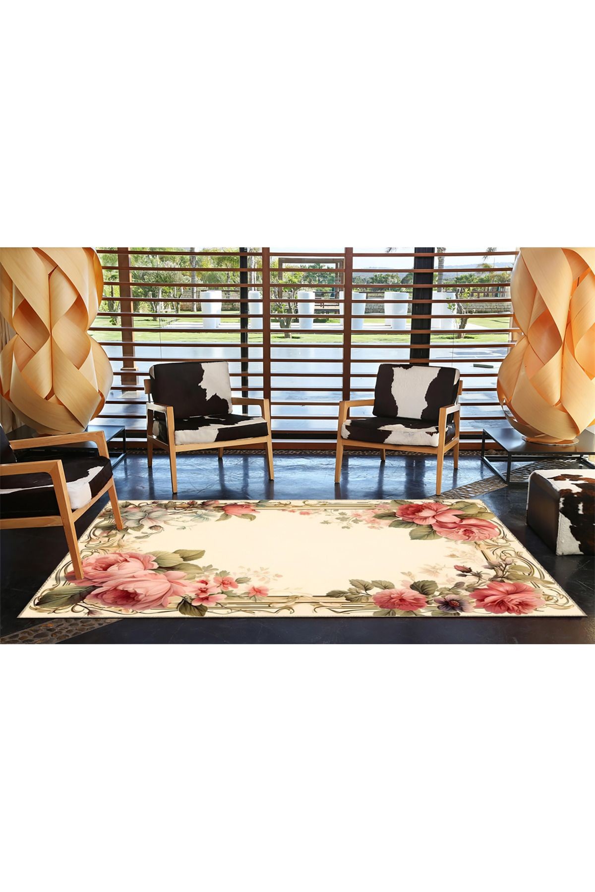 Bej Temalı Yaprak ve Floral Çiçek Gül Desenli Modern Dekoratif Halı 3641