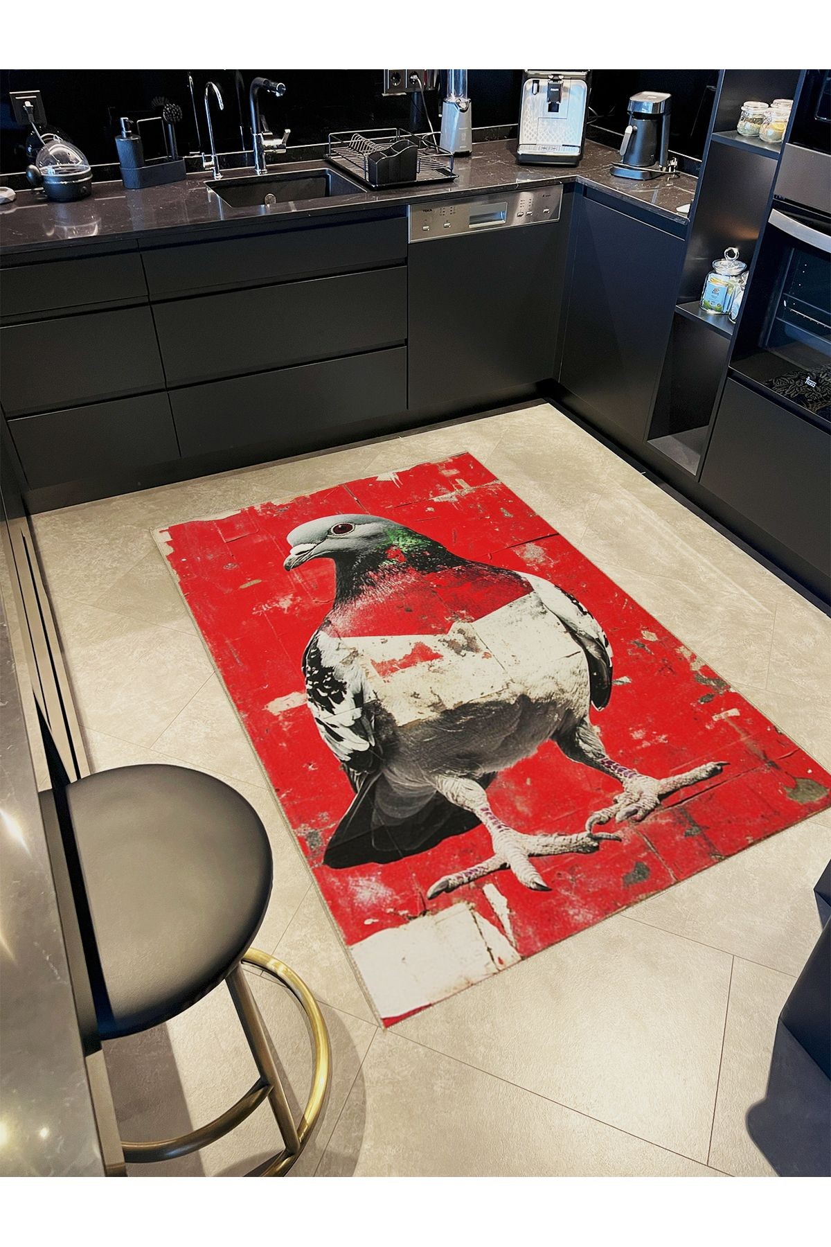 Semih Koleksiyonu Kırmızı Temalı Soyut Güvercin Desenli Dokuma Taban Modern Dekoratif Halı 09