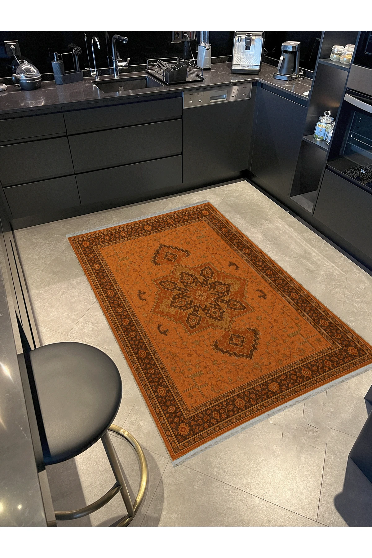 MOSSO Koyu Kahverengi Geleneksel Desen Temalı Desenli Modern Dekoratif Halı mosso425