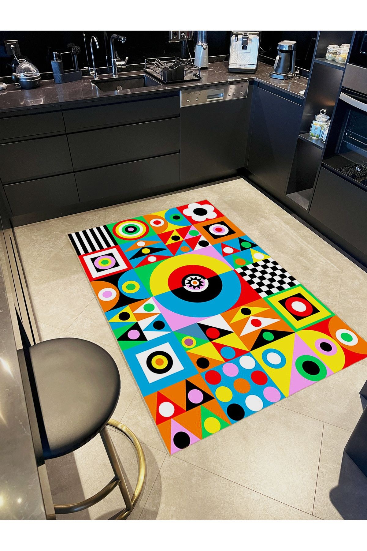 Buse Koleksiyonu Çok Renkli Geometrik Şekiller Desenli Dokuma Taban Modern Dekoratif Halı buse15