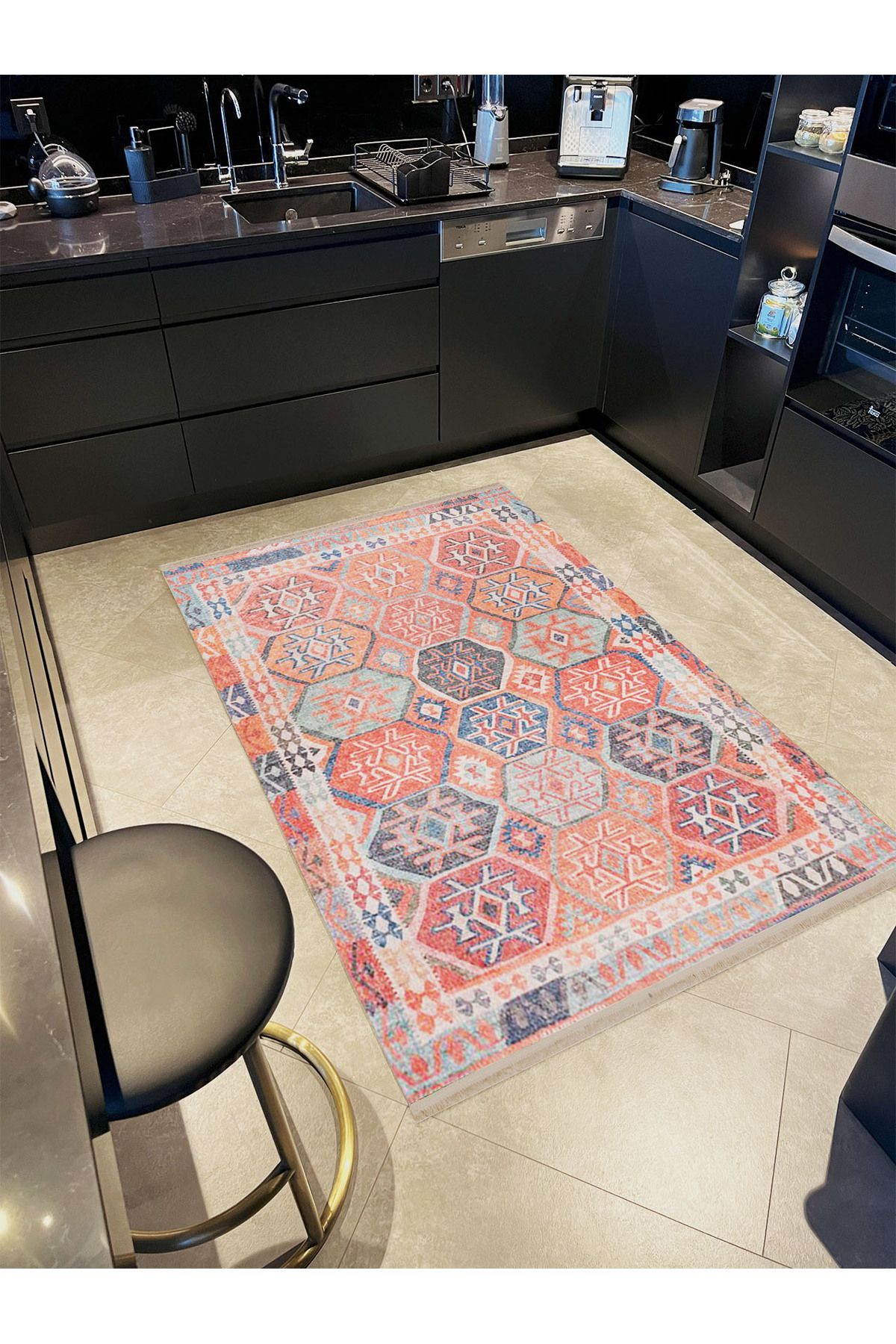 Alya Koleksiyonu Eskitme Görünümlü Çok Renkli Etnik Desenli Dokuma Taban Dekoratif Halı alya46