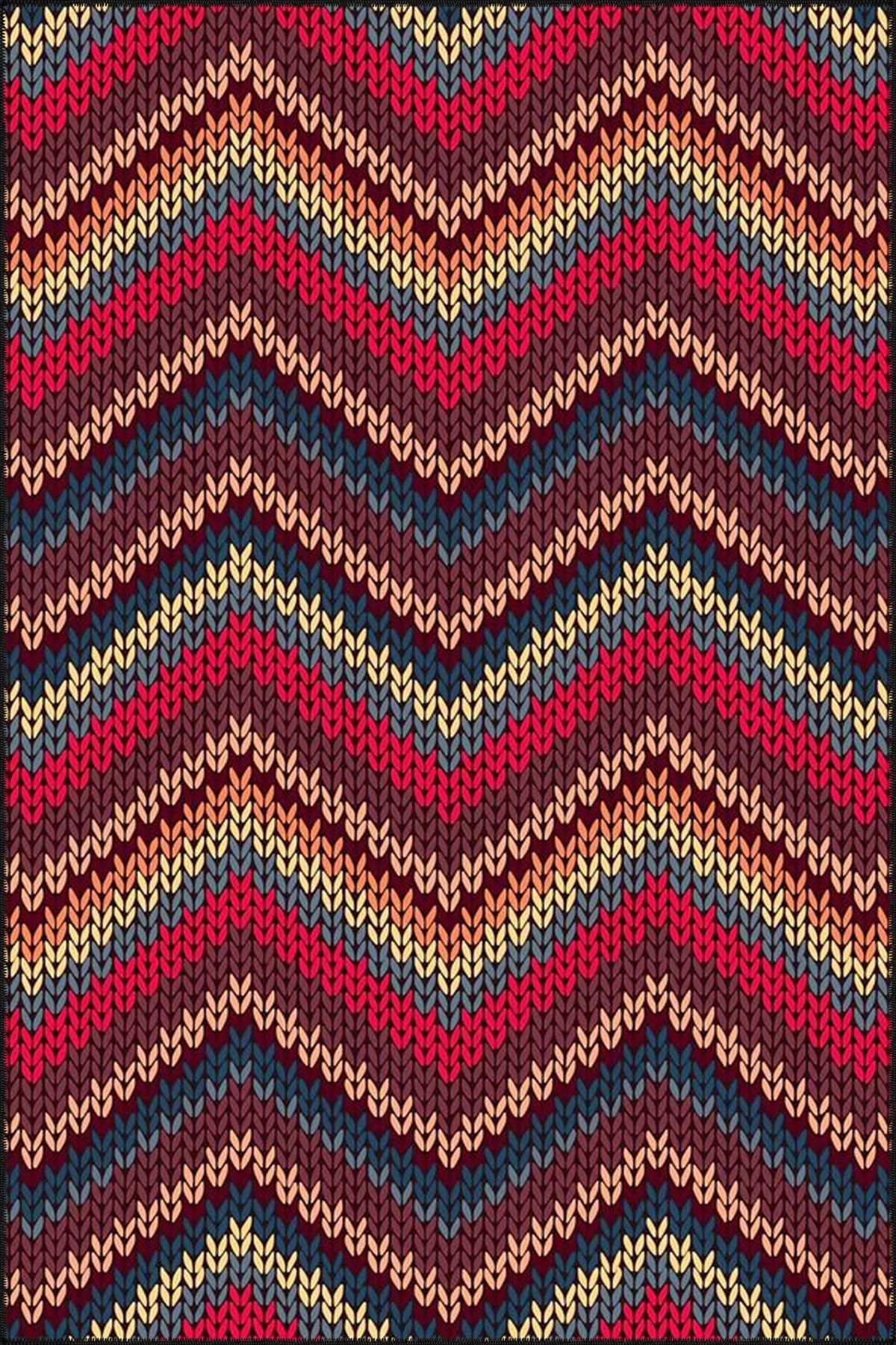 Kırmızı Pembe Turuncu Tonlarda Çapraz Çizgili Desenli Dokuma Taban Yıkanabilir Halı miravip9169