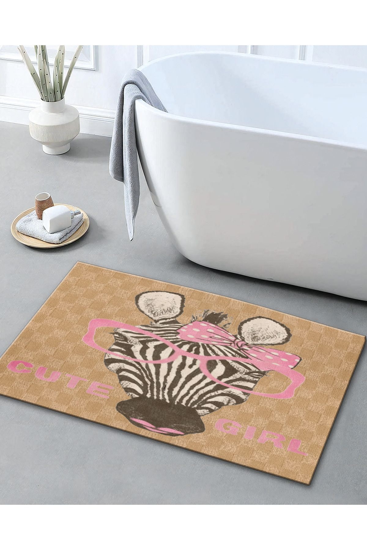 Bej Temalı Tatlı Kız Yazılı Zebra Desenli Kreatif Modern Dekoratif Banyo Paspası 90×60