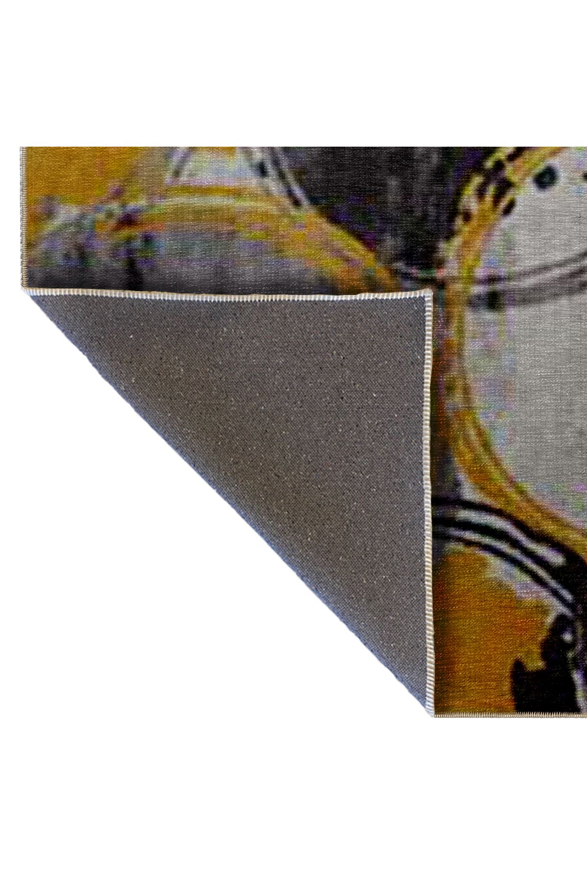 Gri Sarı Temalı Geometrik Daire Halka Desenli Modern Dekoratif Halı 5303