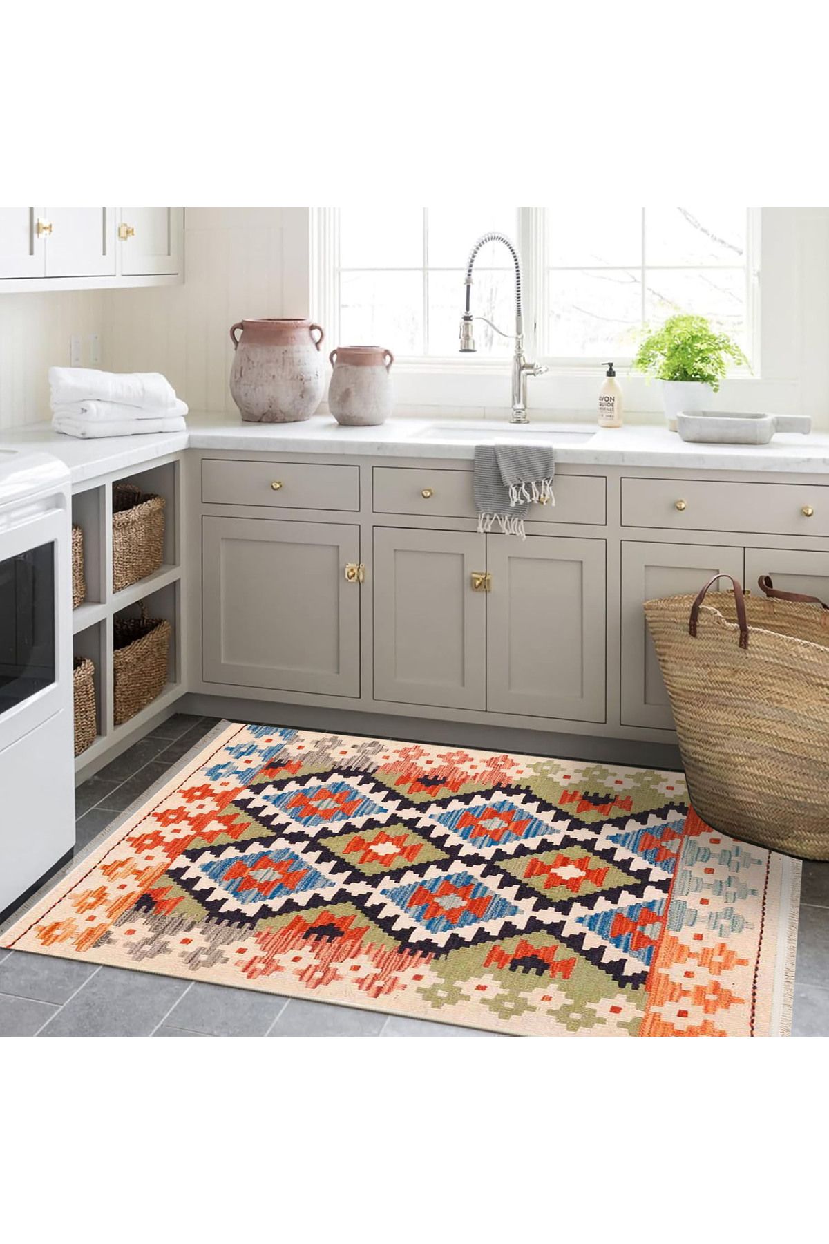 Güney Koleksiyonu Çok Renkli Geometrik Motifli ve Geleneksel Desenli Vintage Dekoratif Halı 46