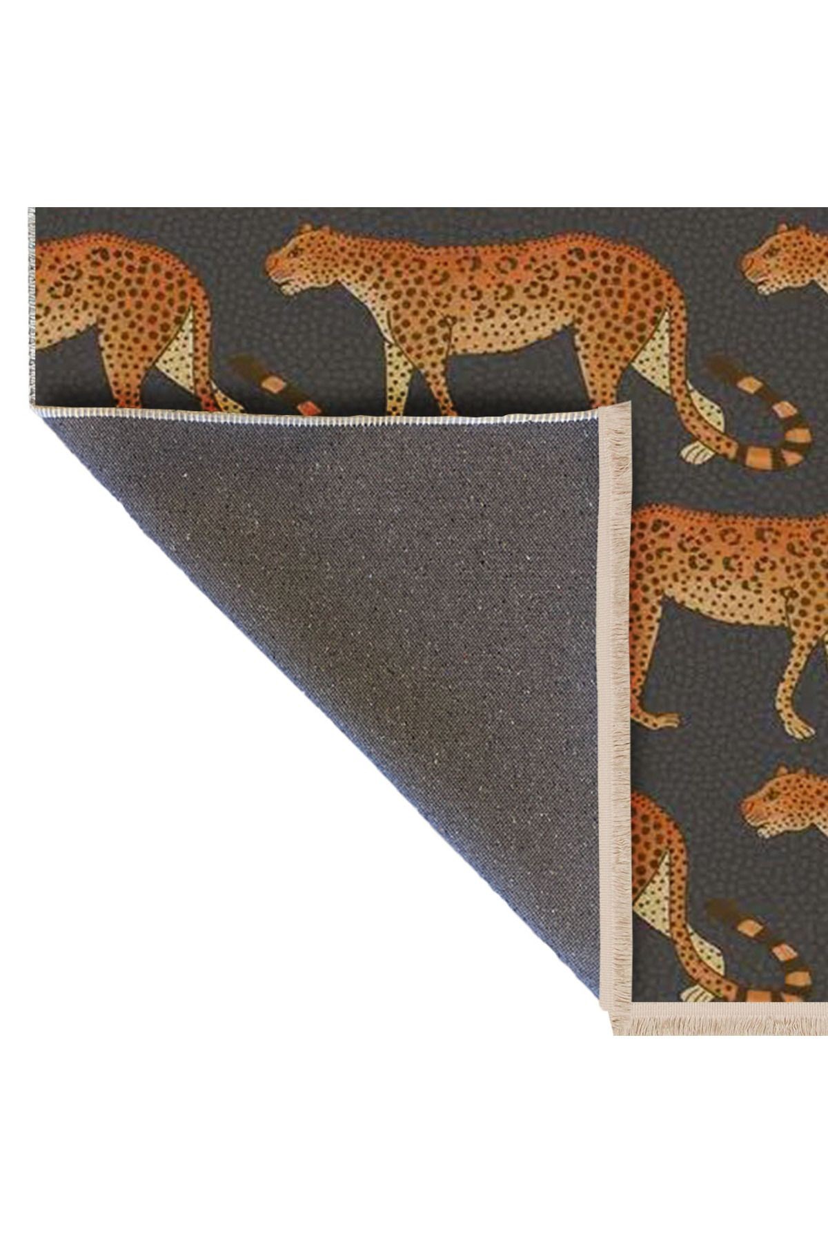 Güney Koleksiyonu Gri Temalı Leopar Figürleri Desenli Modern Dekoratif Halı 02