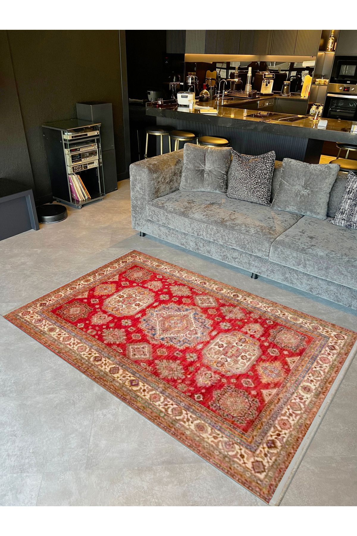 İnci Koleksiyonu Bej Bordür Detaylı Kırmızı Etnik Desenli Dokuma Taban Modern Dekoratif Halı inci45