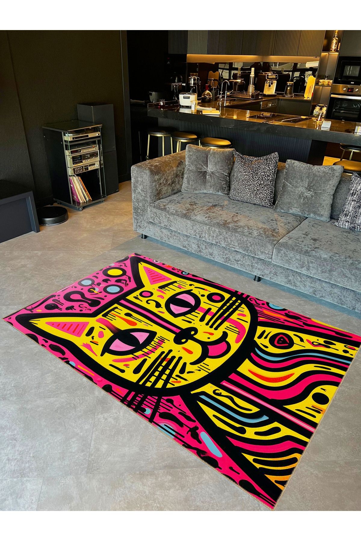 Güneş Koleksiyonu Pembe Sarı Kedi Desenli Dokuma Taban Modern Dekoratif Halı güneş31
