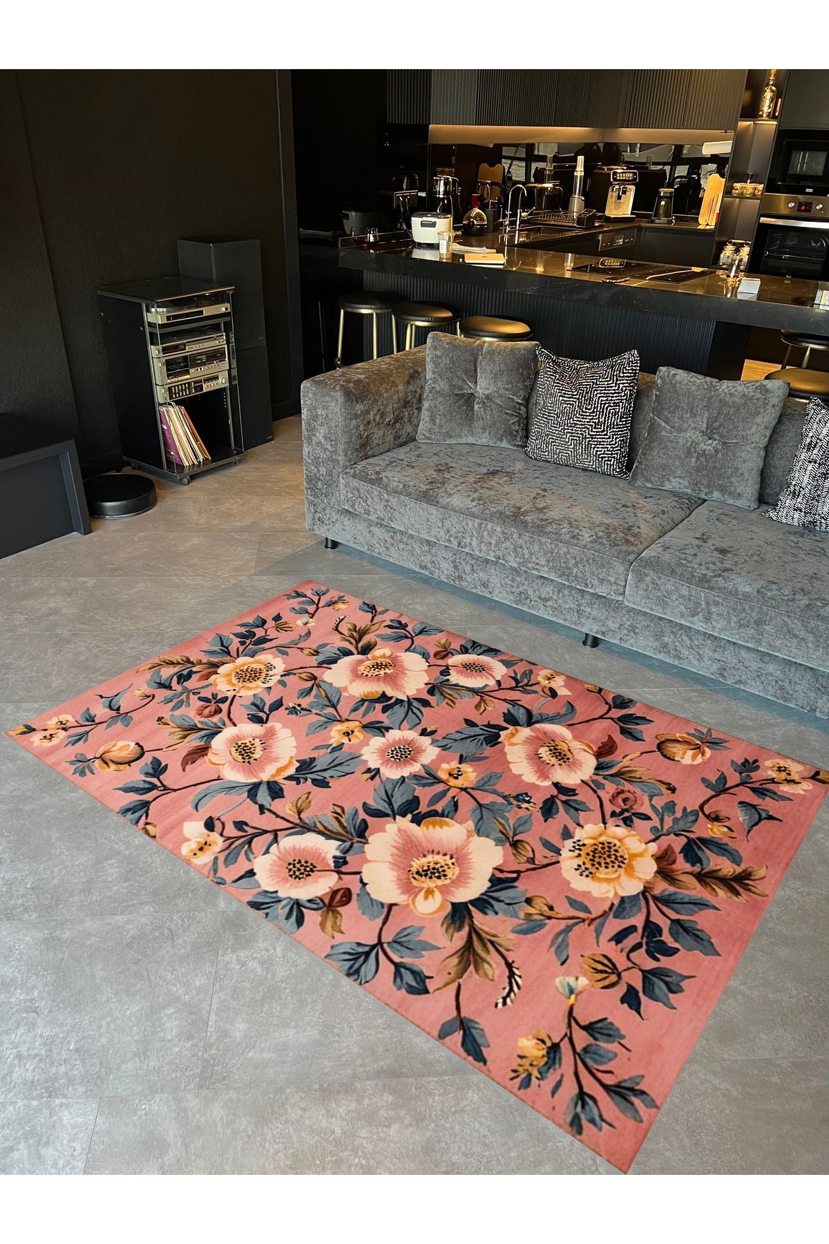 Paris Koleksiyonu Pudra Pembe Temalı Floral Gül Desenli Modern Dekoratif Halı 62