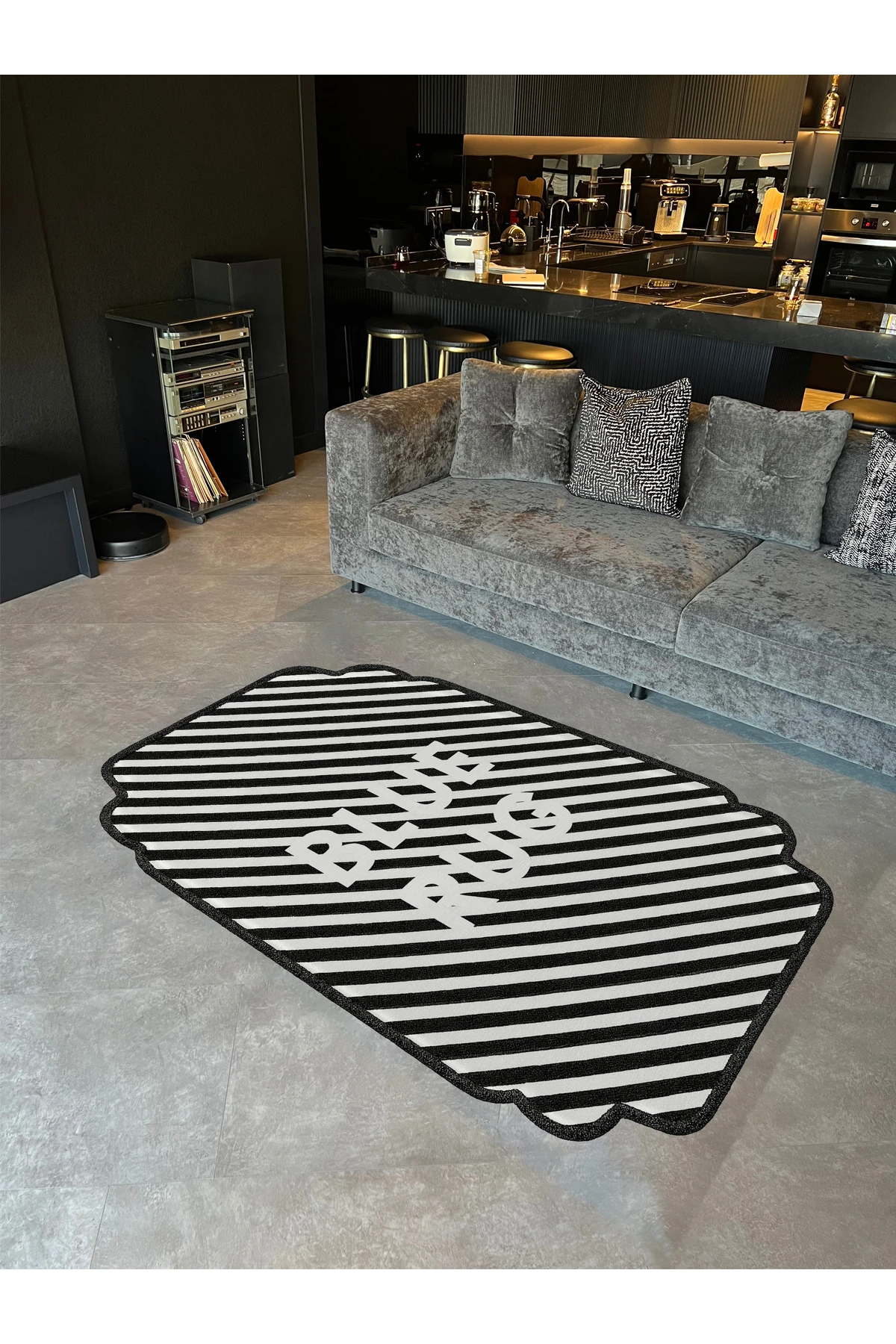 MOSSO Blue Rug Yazılı Şeritli Desen Modern Dekoratif Halı mosso461