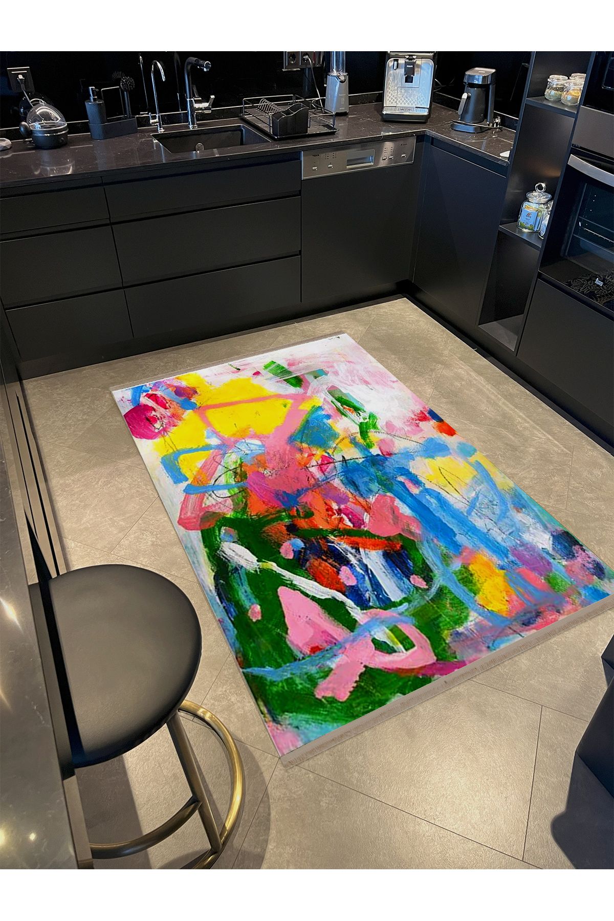 Özge Koleksiyonu Yağlı Boya Görünümlü Çok Renkli Soyut Desenli Dokuma Taban Dekoratif Halı özge18