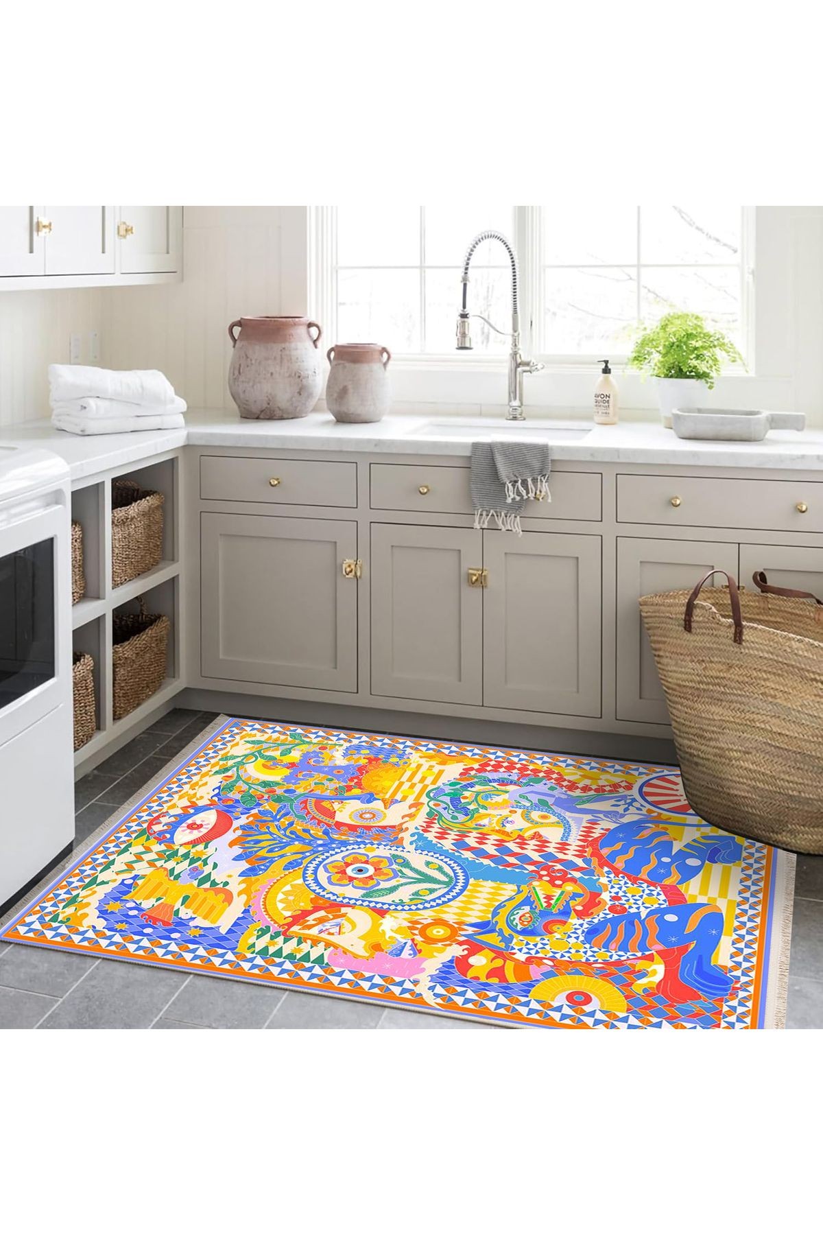 Asena Koleksiyonu Çok Renkli İnsan Çiçek ve Kaplan Figürleri Desenli Modern Dekoratif Halı 34