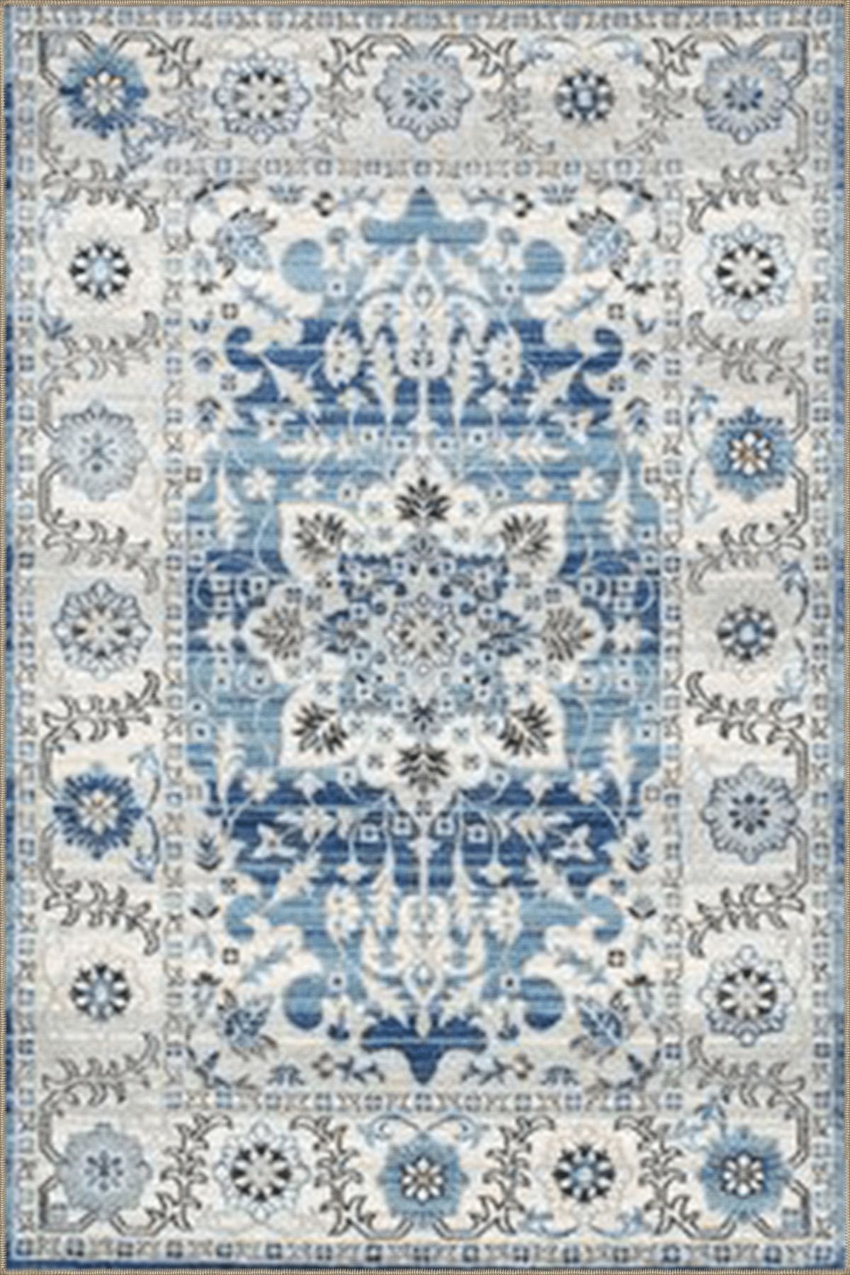 Gri Mavi Temalı Geleneksel Motif Çiçek Desenli Vintage Dekoratif Halı 4545