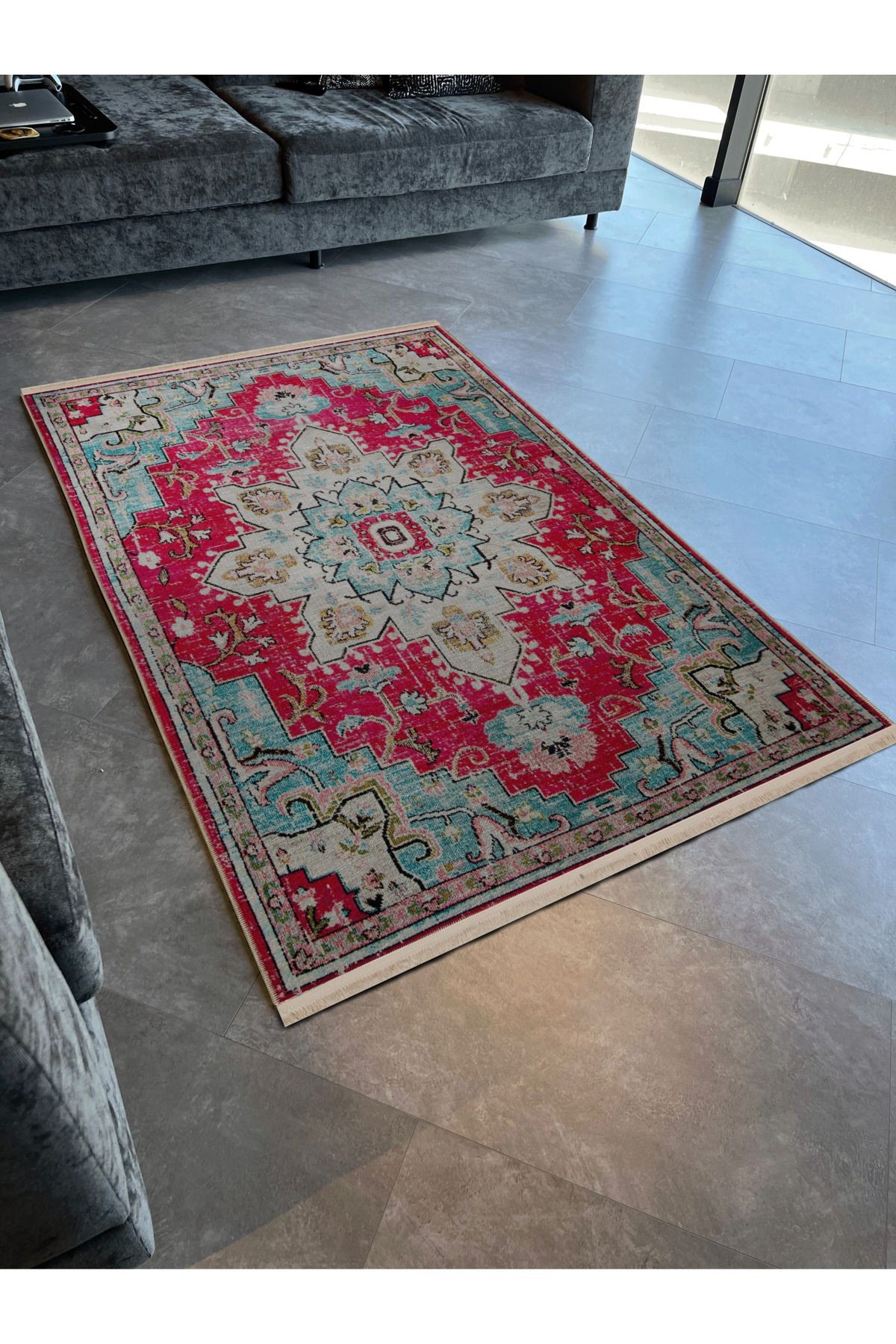 Turkuaz Pembe Temalı Geleneksel Motif Desenli Kreatif Vintage Dekoratif Halı 2930
