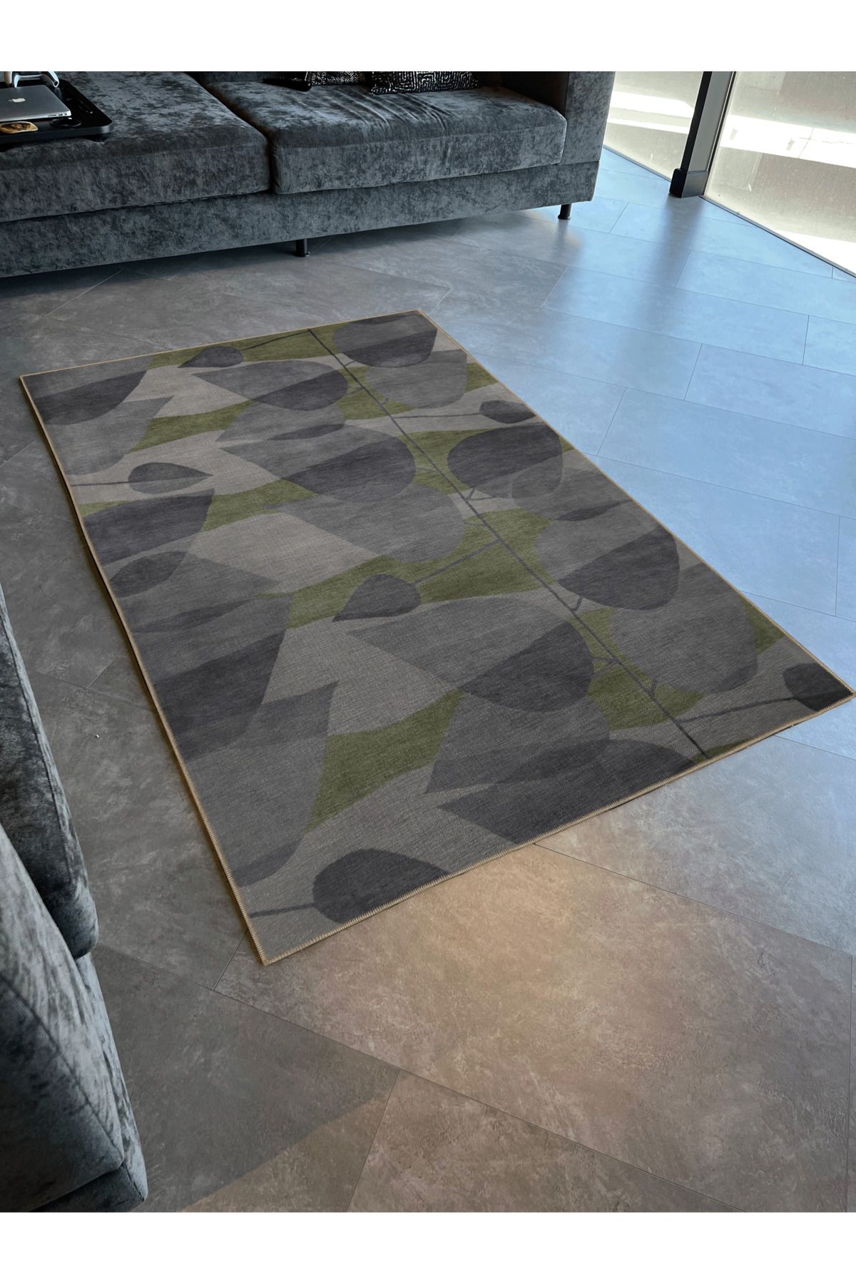 Gri Yeşil Temalı Soyut Geometrik Desenli Kreatif Modern Dekoratif Halı 2985