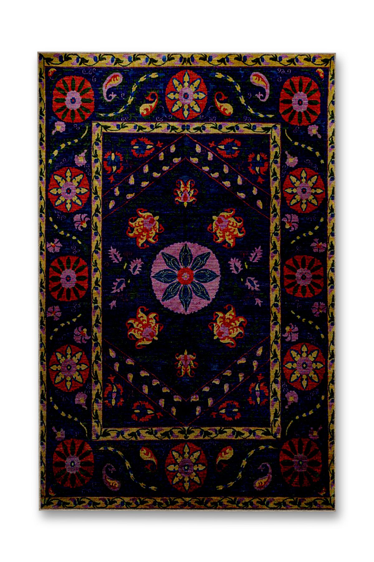 Sarı Bordür Detaylı Antik Tasarım Serisi Mor Desenli Vintage Dekoratif Halı antik48