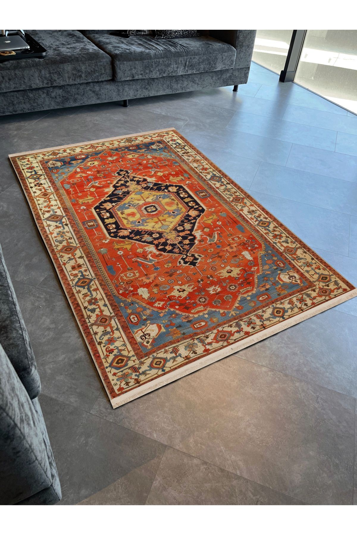 Turuncu Temalı Çok Renkli Geleneksel Motif Etnik Desenli Vintage Dekoratif Halı 2405