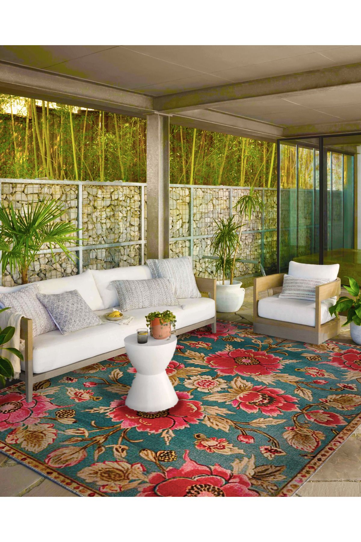 Paris Koleksiyonu Mavi Temalı Floral Pembe Çiçek Desenli Vintage Dekoratif Halı 83