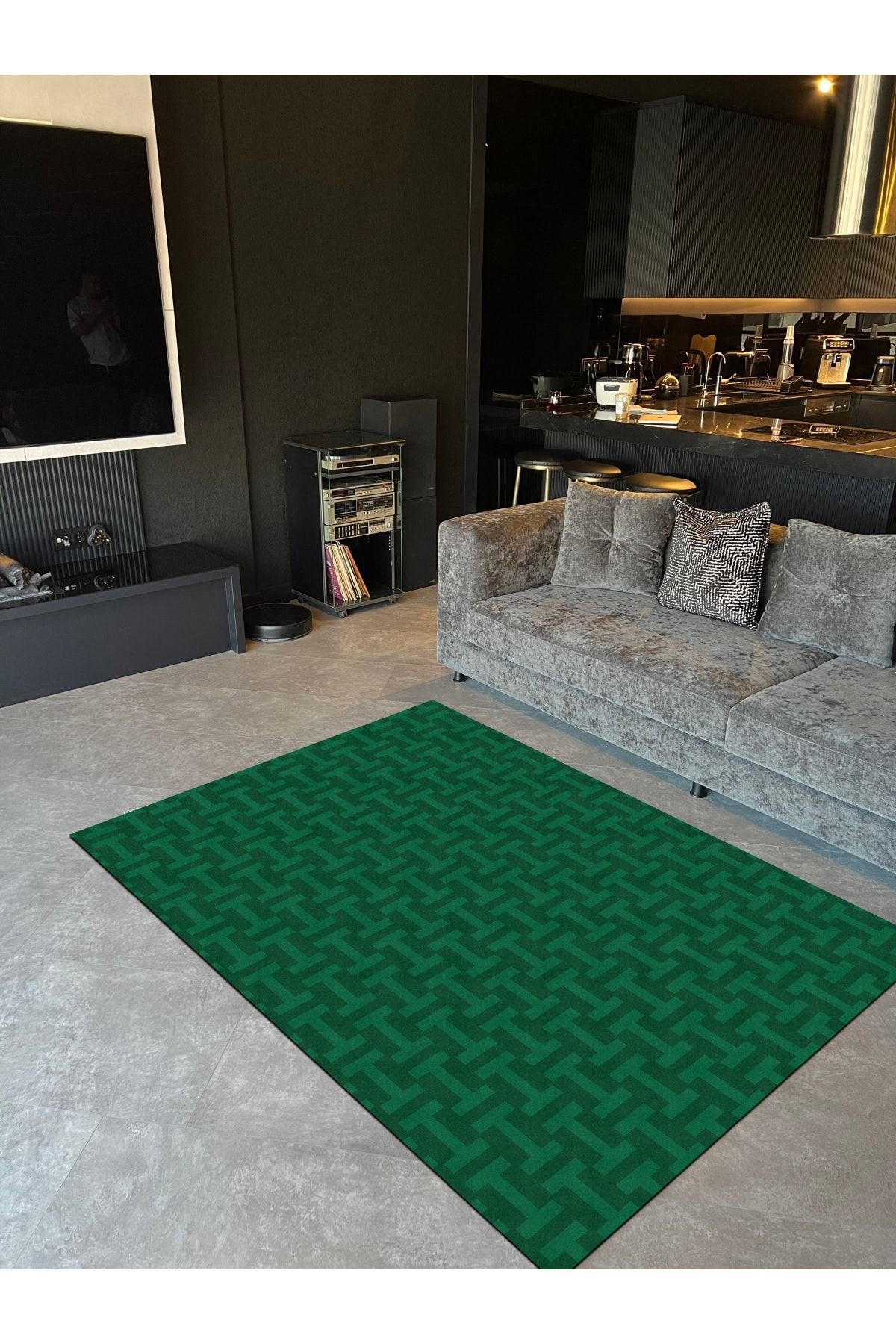H Logo Yeşil Geometrik Desenli Dokuma Taban Halı Mira 1347