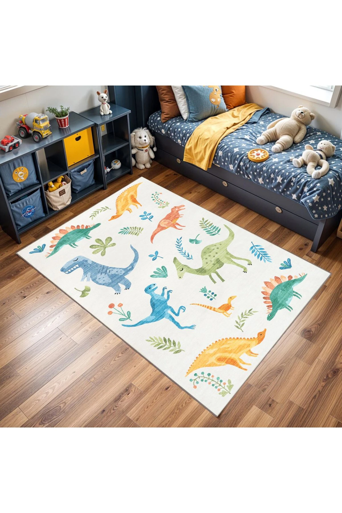 Asya Koleksiyonu Çok Renkli Sevimli Dinozorlar Detaylı Dokuma Taban Modern Dekoratif Halı asya29