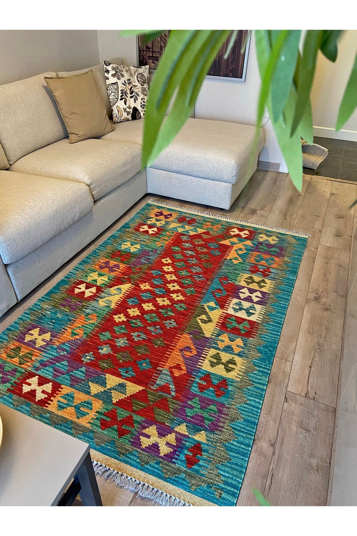 Desenli Yeşil Pamuklu Çok Renkli Otantik Ve Etnik Kilim 507