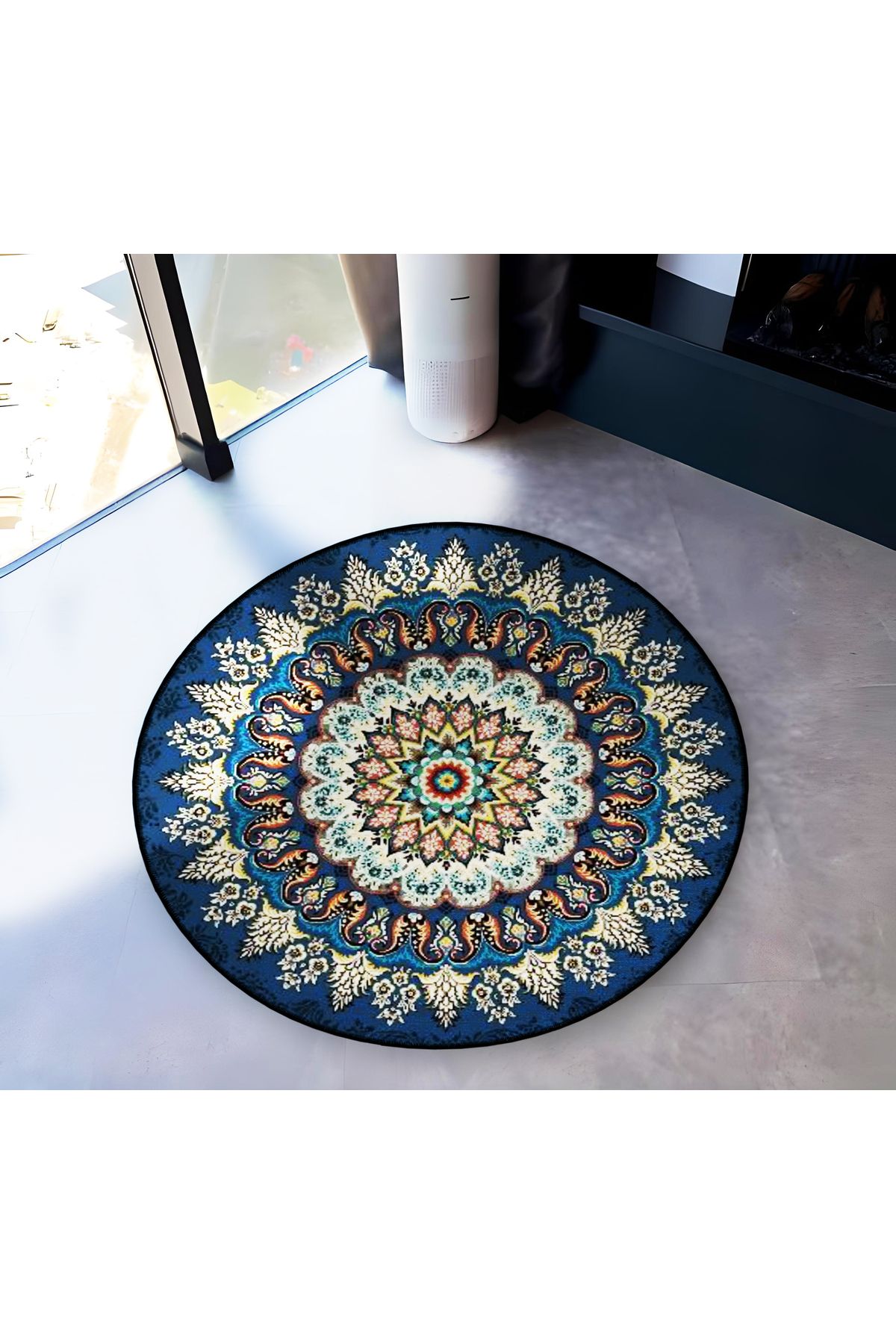 Mira Yuvarlak Lacivert Antik Desen Detaylı Dokuma Taban Modern Dekoratif Halı 5670