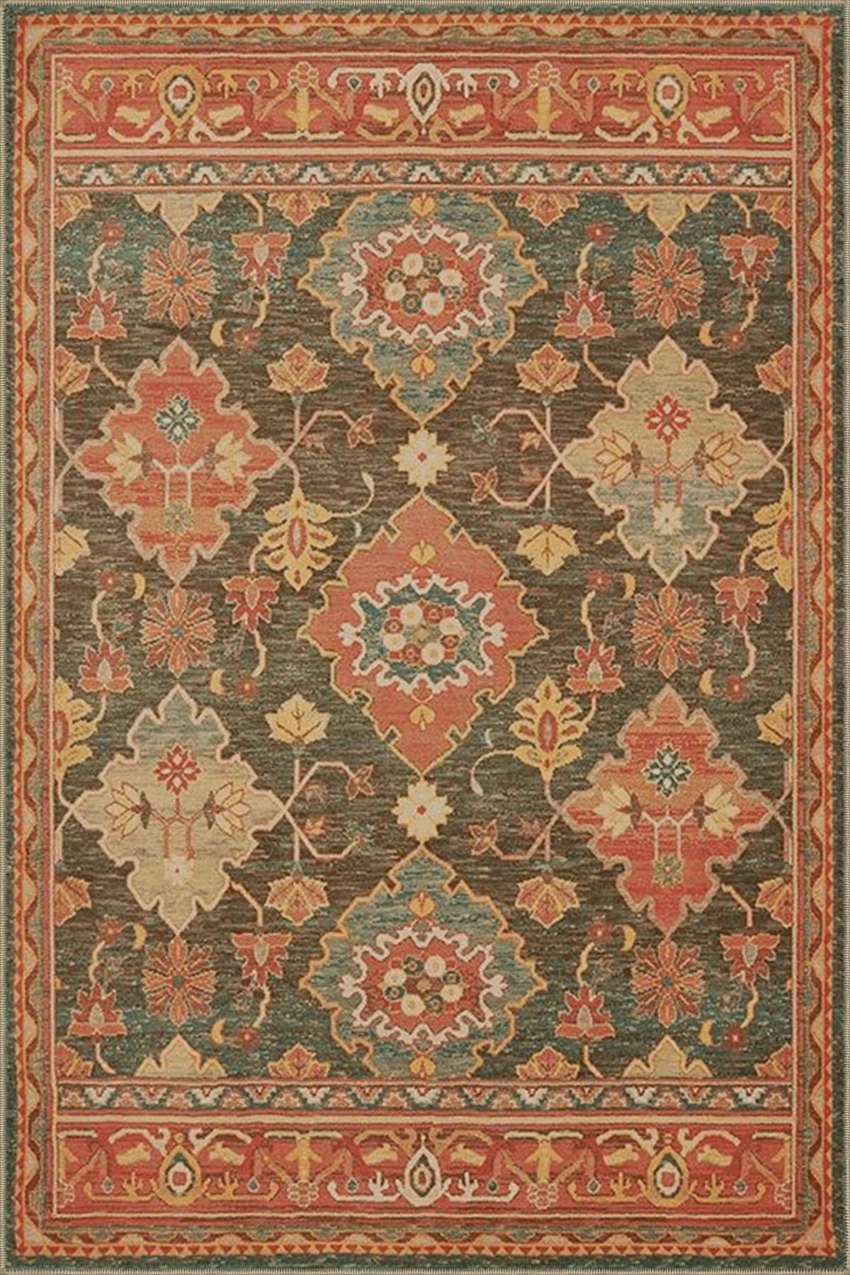 Turuncu Temalı Çok Renkli Geleneksel Motif Çiçek Desenli Vintage Dekoratif Halı 3889