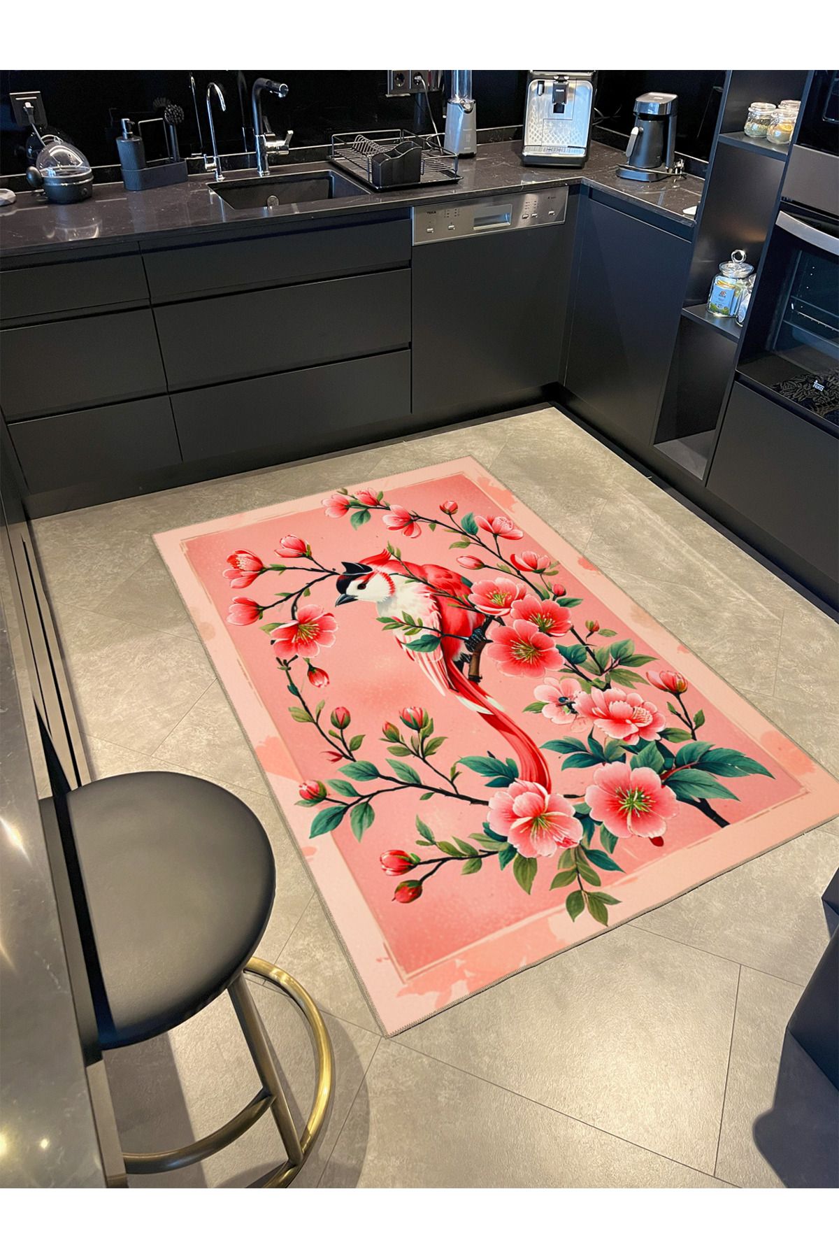 Paris Koleksiyonu Pembe Temalı Sarmaşık Çiçek ve Kuş Desenli Modern Dekoratif Halı 71