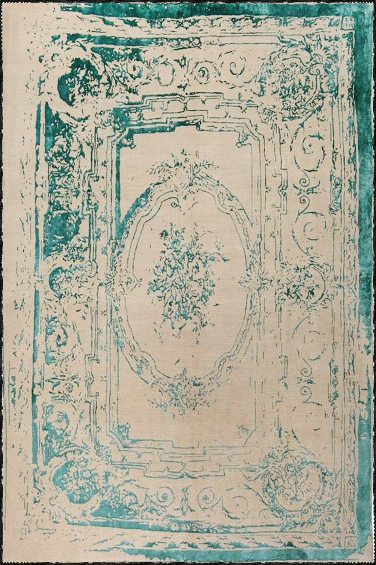 Krem Mavi Geleneksel Modern Desenli Dokuma Taban ve Dekoratif Yıkanabilir Halı miravip8650